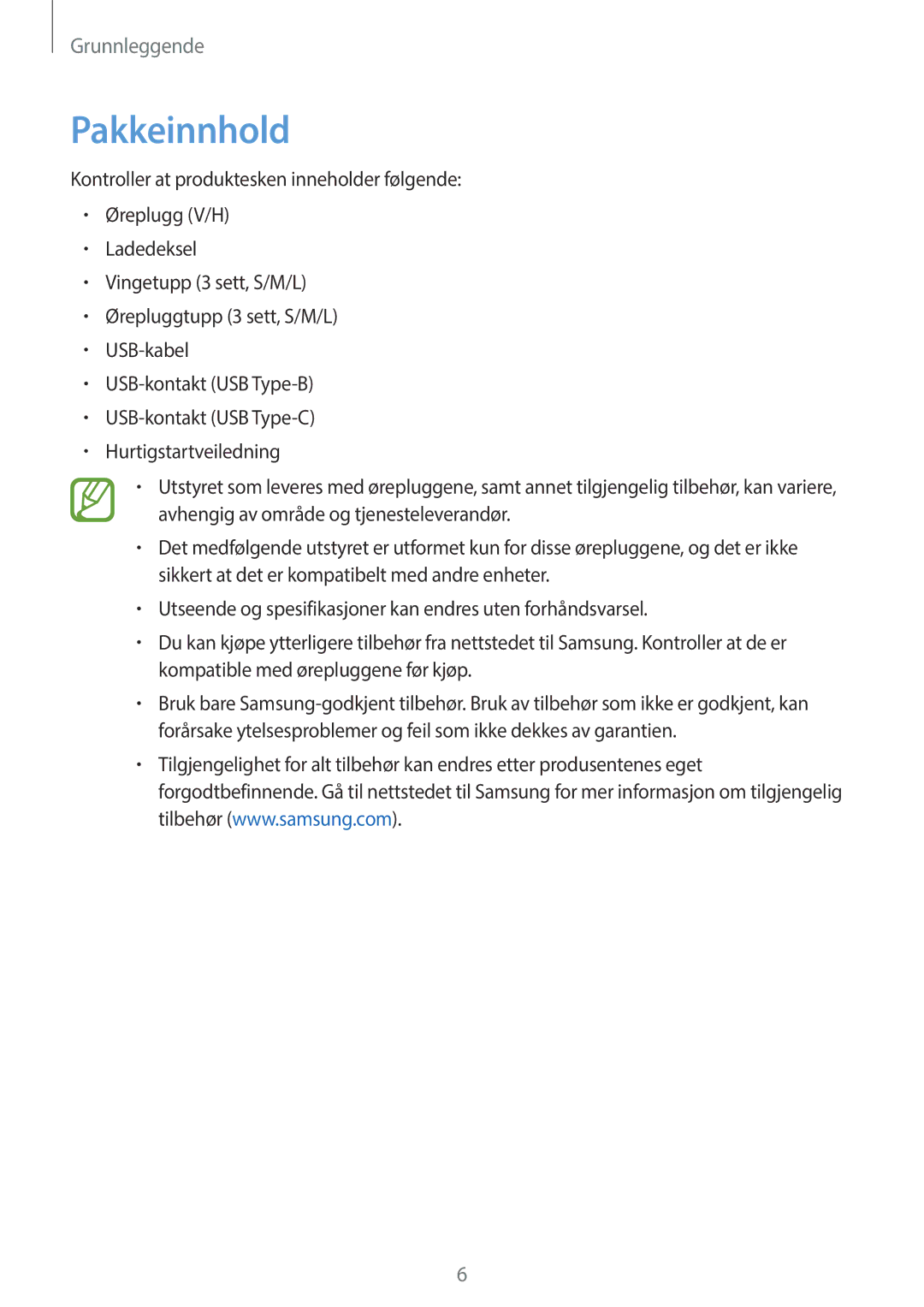 Samsung SM-R140NZIANEE, SM-R140NZKANEE manual Pakkeinnhold 