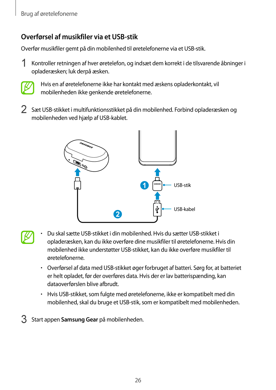 Samsung SM-R140NZIANEE, SM-R140NZKANEE manual Overførsel af musikfiler via et USB-stik 