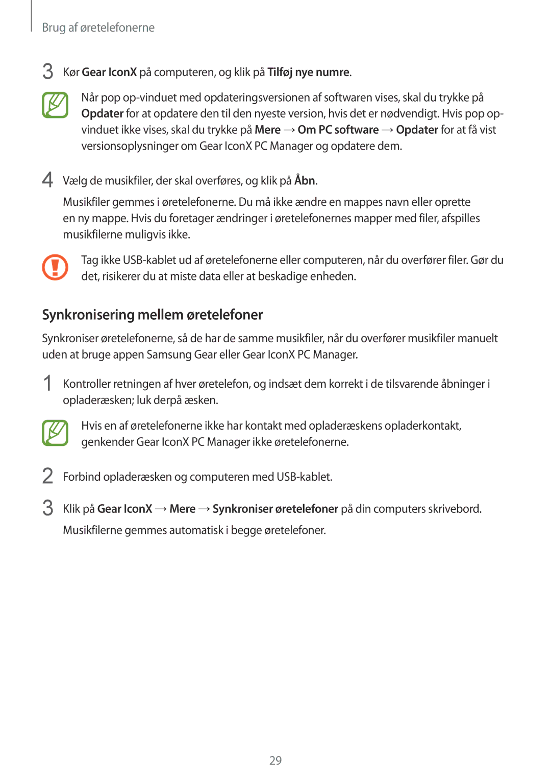 Samsung SM-R140NZKANEE manual Synkronisering mellem øretelefoner, Kør Gear IconX på computeren, og klik på Tilføj nye numre 