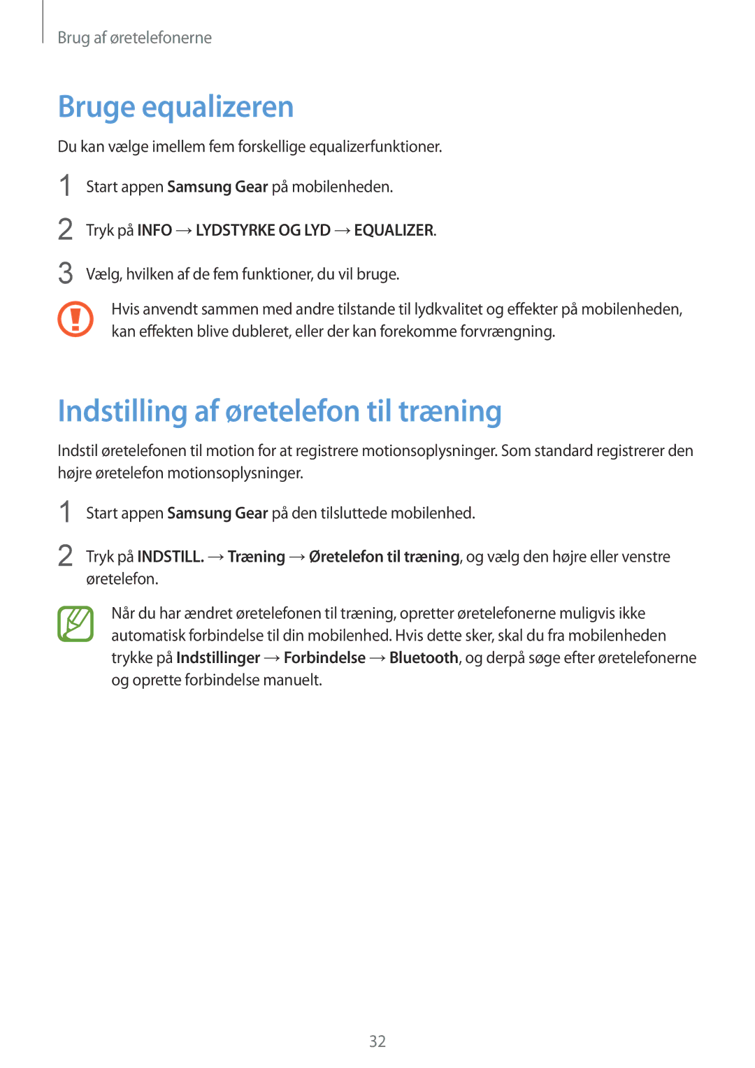 Samsung SM-R140NZIANEE, SM-R140NZKANEE manual Bruge equalizeren, Indstilling af øretelefon til træning 