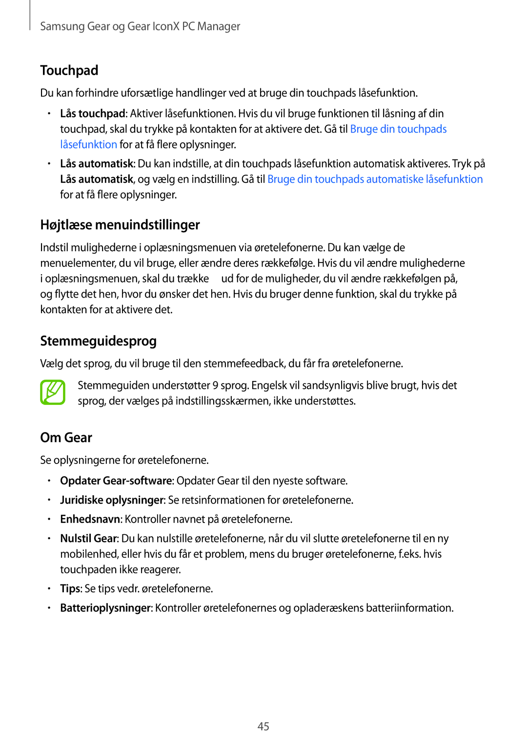 Samsung SM-R140NZKANEE, SM-R140NZIANEE manual Touchpad, Højtlæse menuindstillinger, Stemmeguidesprog, Om Gear 