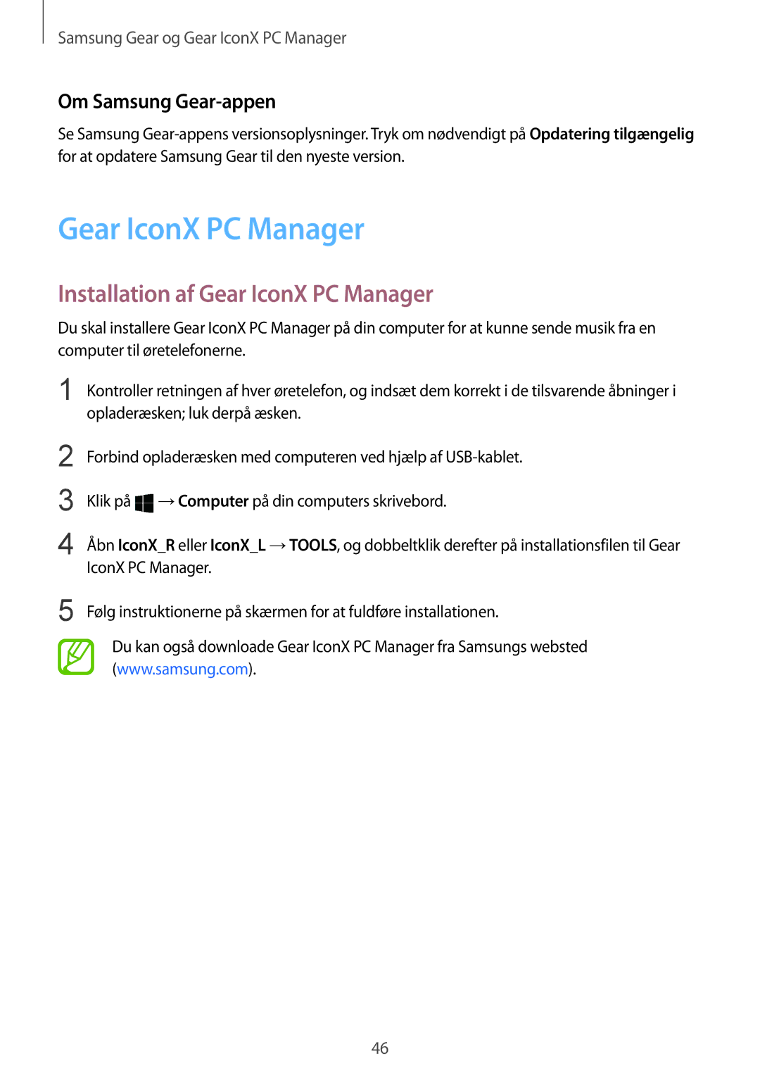 Samsung SM-R140NZIANEE, SM-R140NZKANEE manual Installation af Gear IconX PC Manager, Om Samsung Gear-appen 