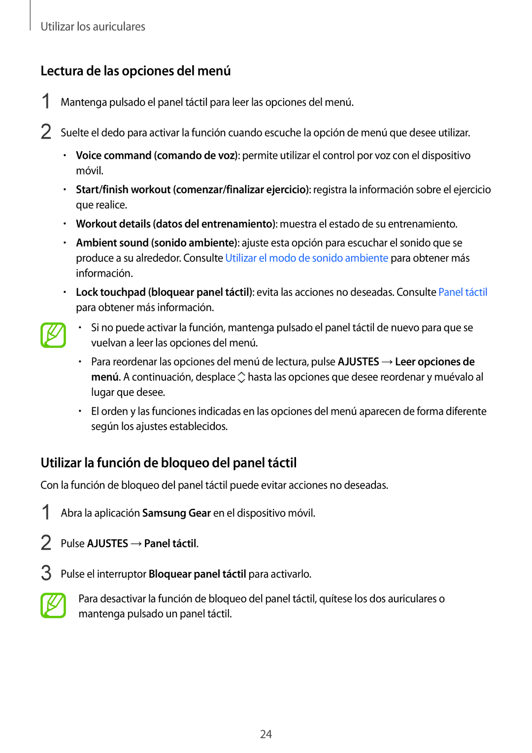 Samsung SM-R140NZIAPHE, SM-R140NZKAPHE Lectura de las opciones del menú, Utilizar la función de bloqueo del panel táctil 