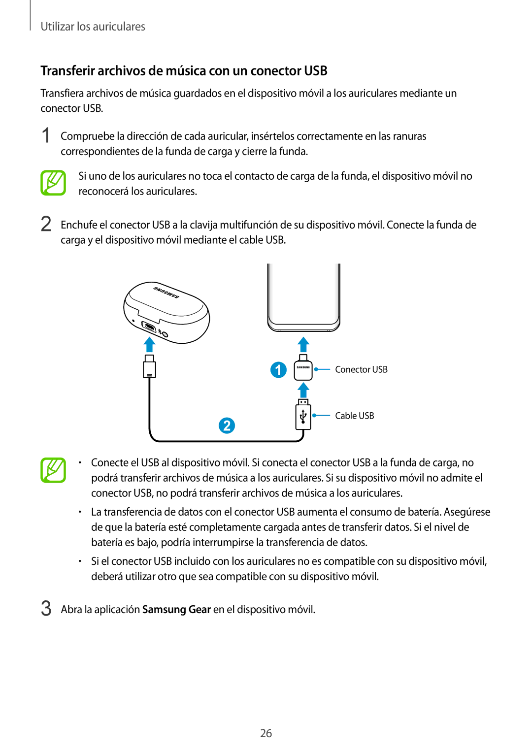 Samsung SM-R140NZAAPHE, SM-R140NZIAPHE, SM-R140NZKAPHE manual Transferir archivos de música con un conector USB 