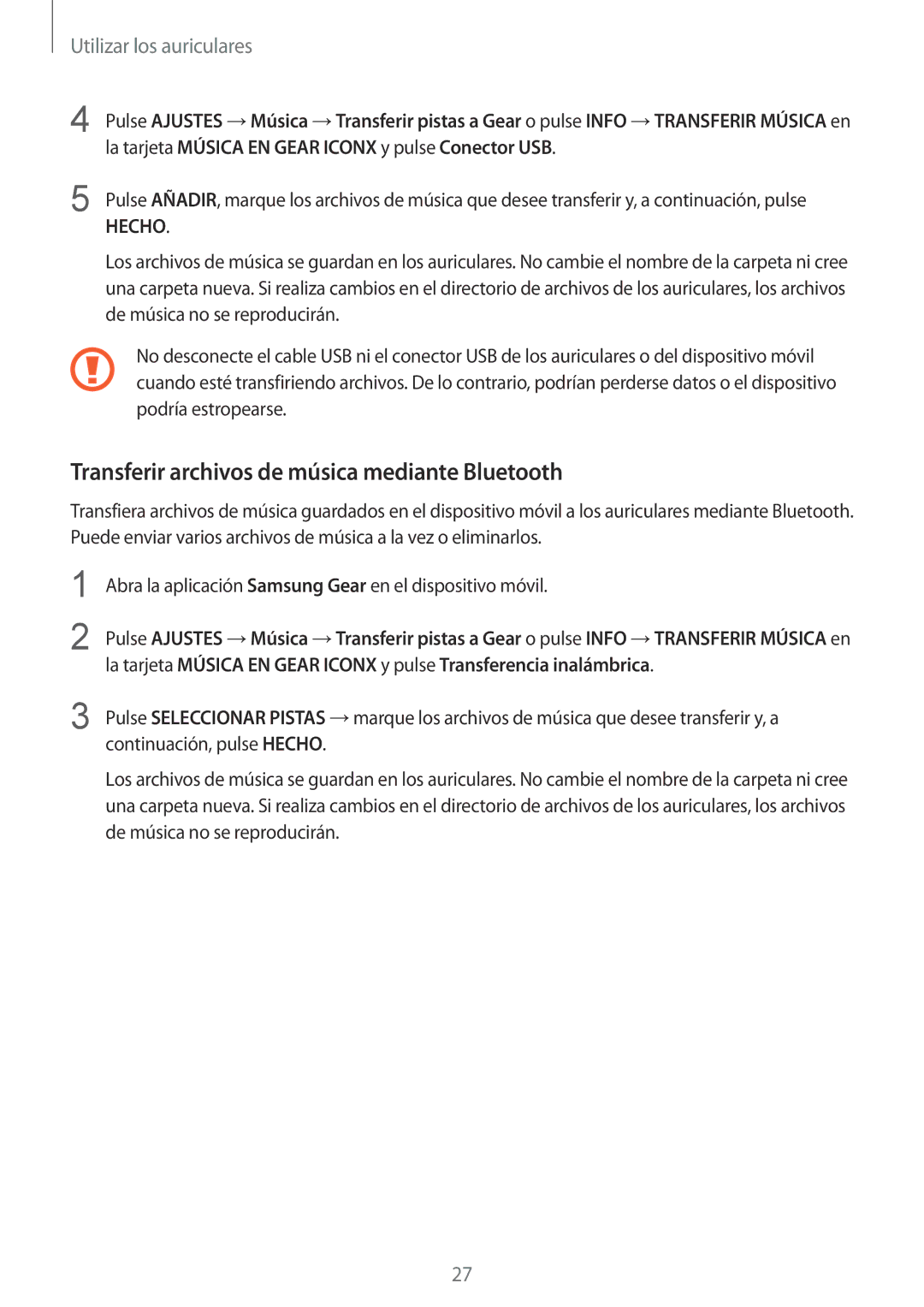 Samsung SM-R140NZIAPHE, SM-R140NZKAPHE, SM-R140NZAAPHE manual Transferir archivos de música mediante Bluetooth, Hecho 