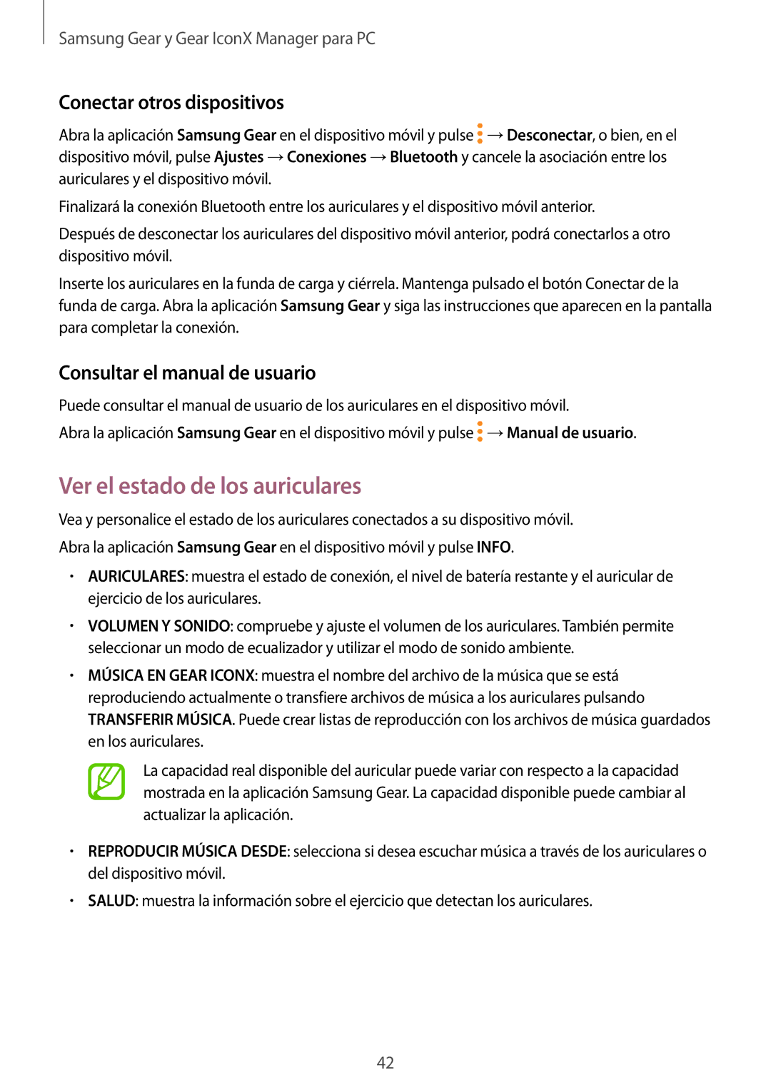 Samsung SM-R140NZIAPHE Ver el estado de los auriculares, Conectar otros dispositivos, Consultar el manual de usuario 
