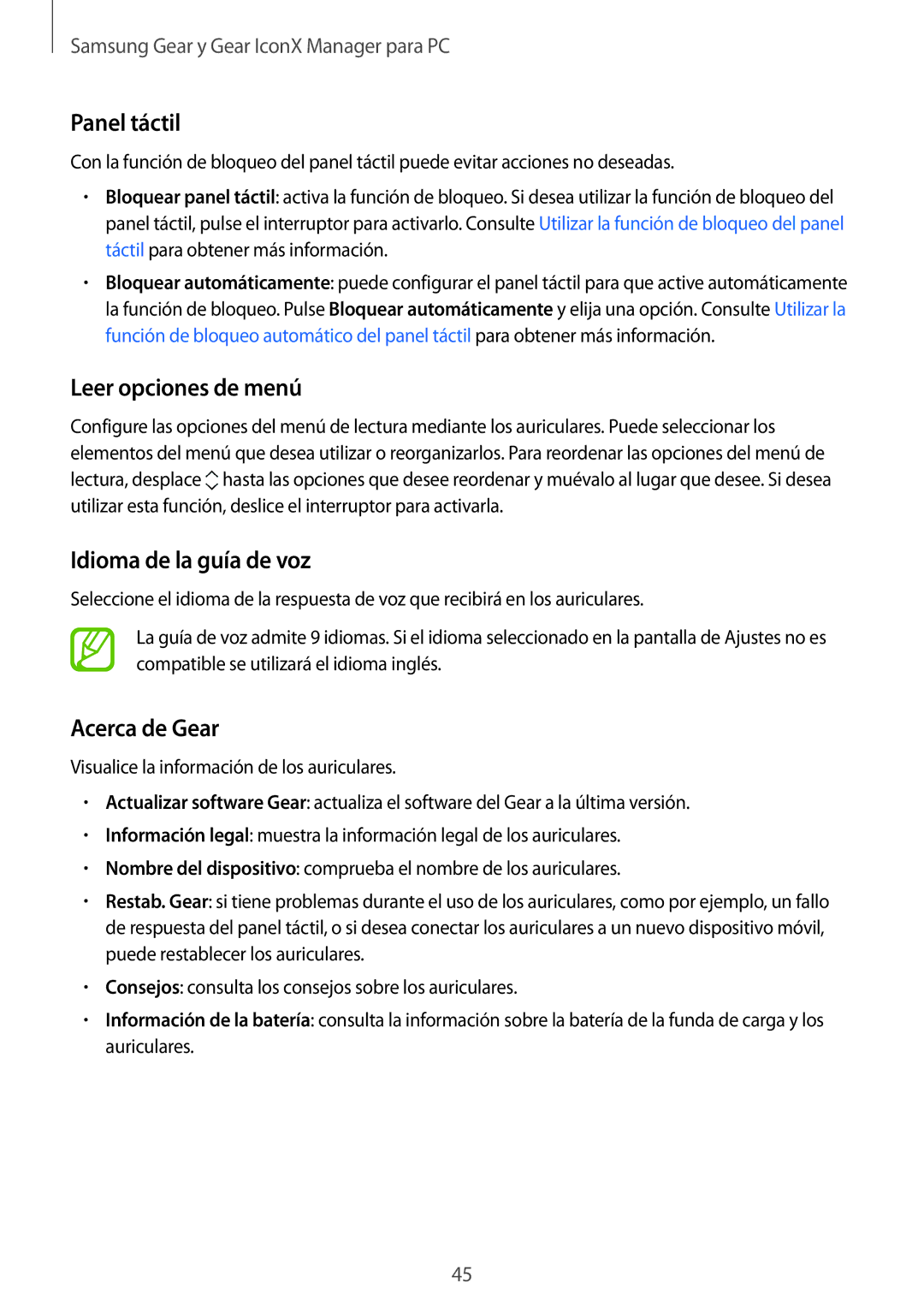 Samsung SM-R140NZIAPHE, SM-R140NZKAPHE manual Panel táctil, Leer opciones de menú, Idioma de la guía de voz, Acerca de Gear 