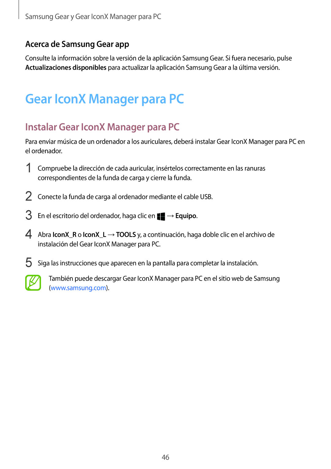 Samsung SM-R140NZKAPHE, SM-R140NZIAPHE, SM-R140NZAAPHE Instalar Gear IconX Manager para PC, Acerca de Samsung Gear app 