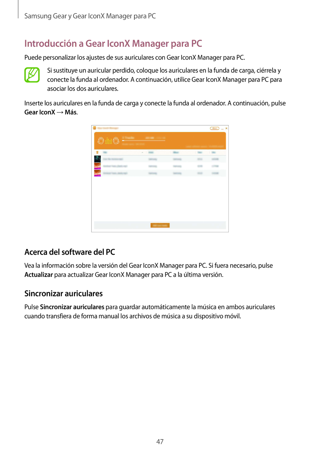 Samsung SM-R140NZAAPHE Introducción a Gear IconX Manager para PC, Acerca del software del PC, Sincronizar auriculares 