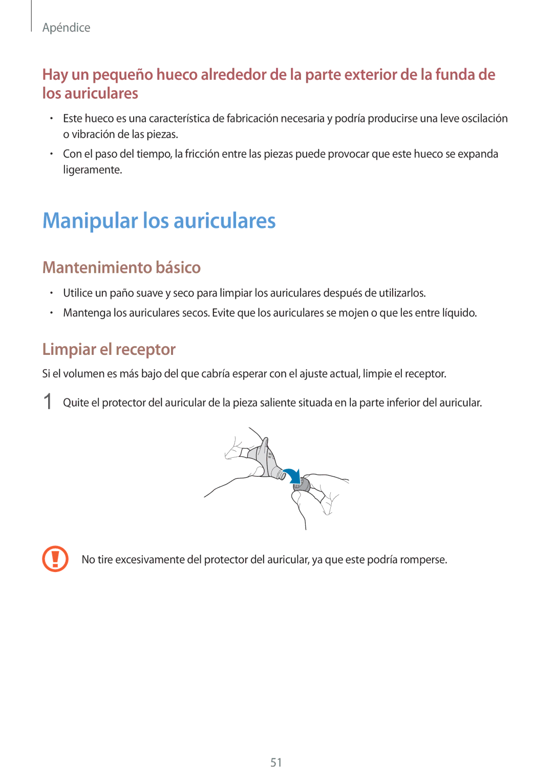 Samsung SM-R140NZIAPHE, SM-R140NZKAPHE, SM-R140NZAAPHE Manipular los auriculares, Mantenimiento básico, Limpiar el receptor 