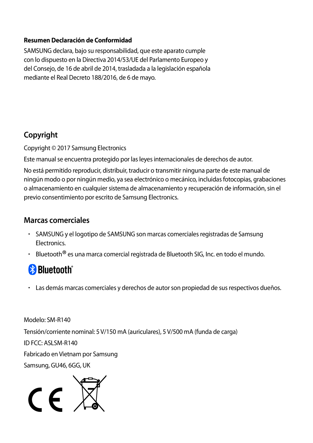 Samsung SM-R140NZIAPHE, SM-R140NZKAPHE, SM-R140NZAAPHE manual Copyright, Marcas comerciales 