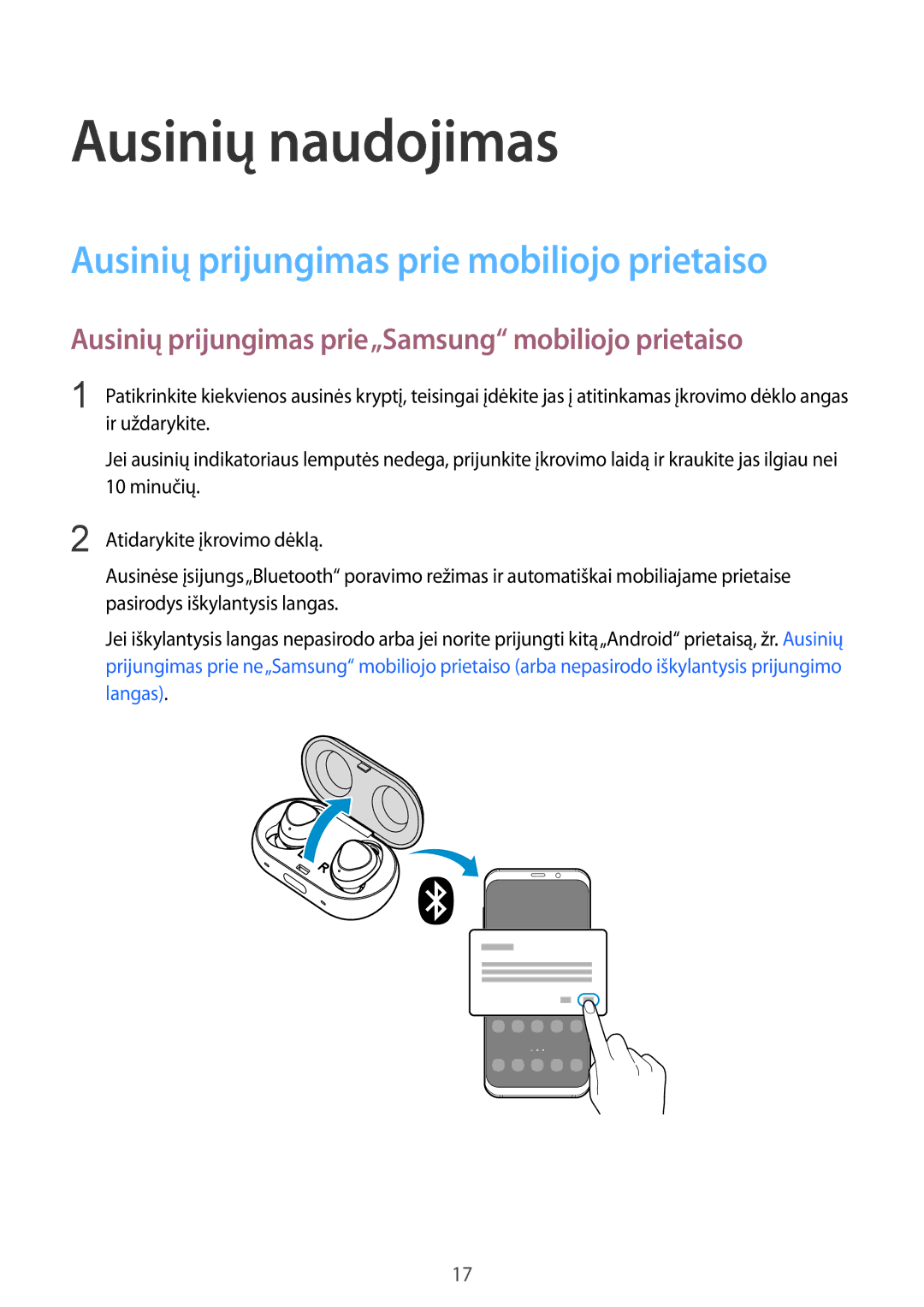 Samsung SM-R140NZKASEB Ausinių prijungimas prie mobiliojo prietaiso, Ausinių prijungimas prie„Samsung mobiliojo prietaiso 