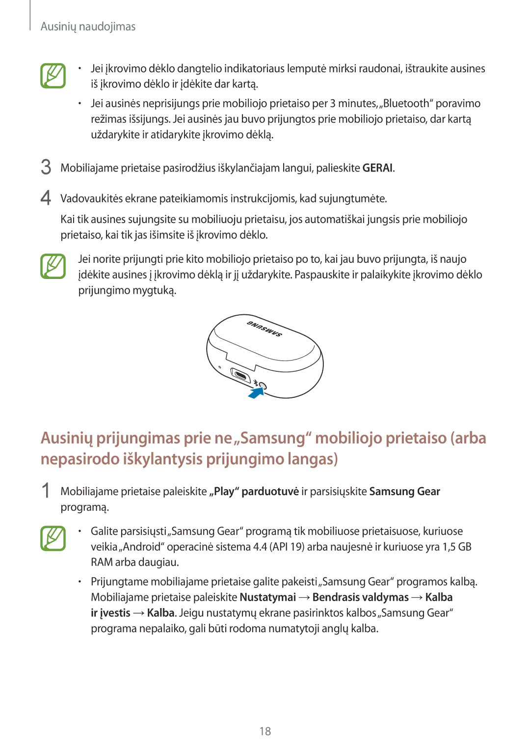 Samsung SM-R140NZIASEB, SM-R140NZAASEB, SM-R140NZKASEB manual Ausinių naudojimas 