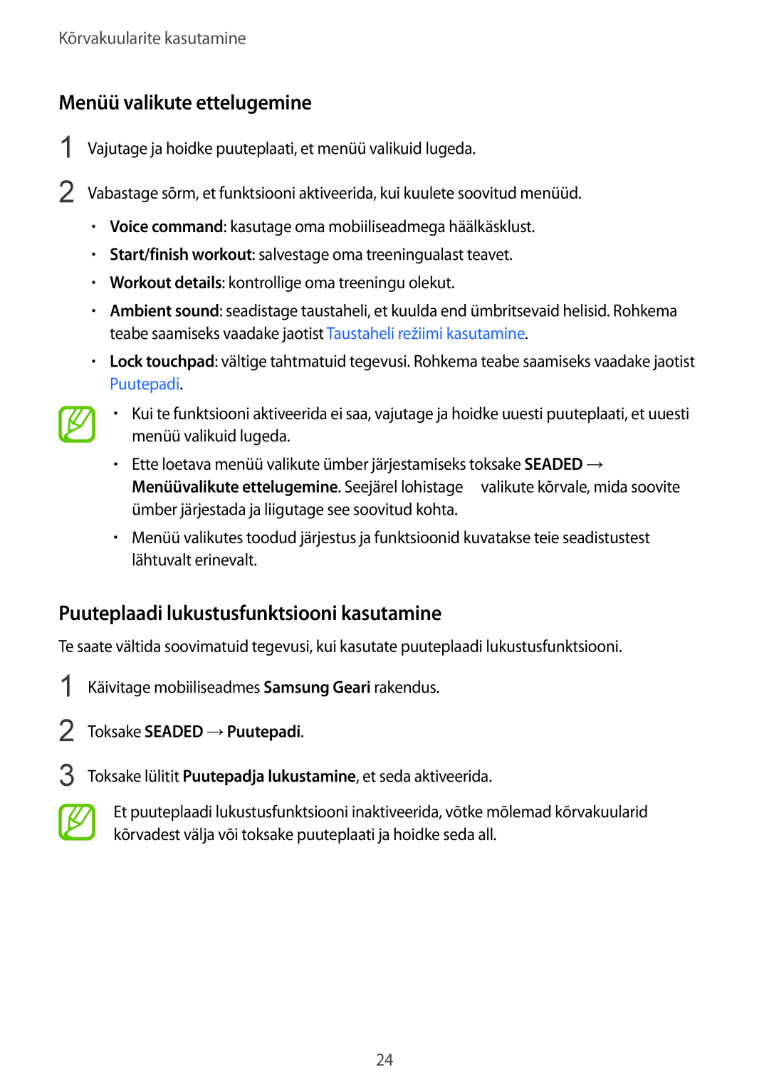 Samsung SM-R140NZIASEB, SM-R140NZAASEB manual Menüü valikute ettelugemine, Puuteplaadi lukustusfunktsiooni kasutamine 