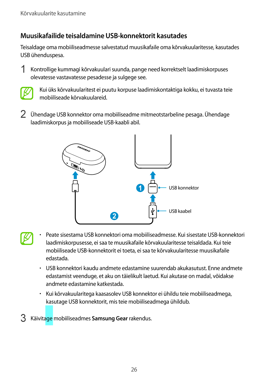 Samsung SM-R140NZKASEB, SM-R140NZIASEB, SM-R140NZAASEB manual Muusikafailide teisaldamine USB-konnektorit kasutades 