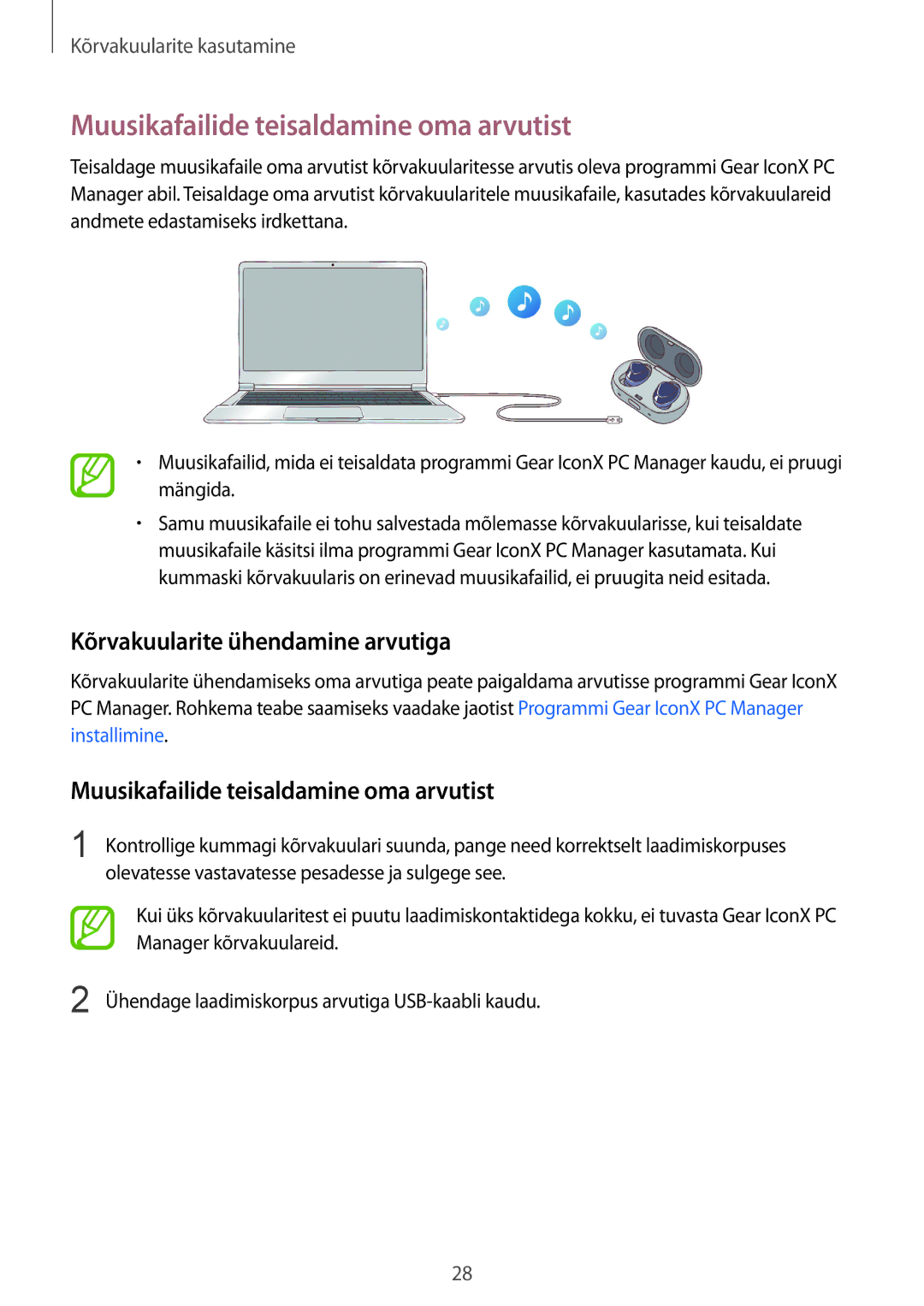 Samsung SM-R140NZAASEB, SM-R140NZIASEB manual Muusikafailide teisaldamine oma arvutist, Kõrvakuularite ühendamine arvutiga 