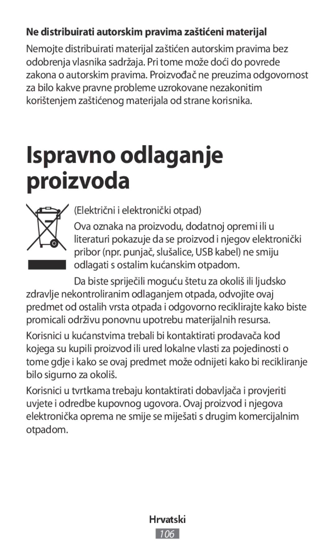 Samsung SM-R140NZAAXJP manual Ne distribuirati autorskim pravima zaštićeni materijal, Električni i elektronički otpad 