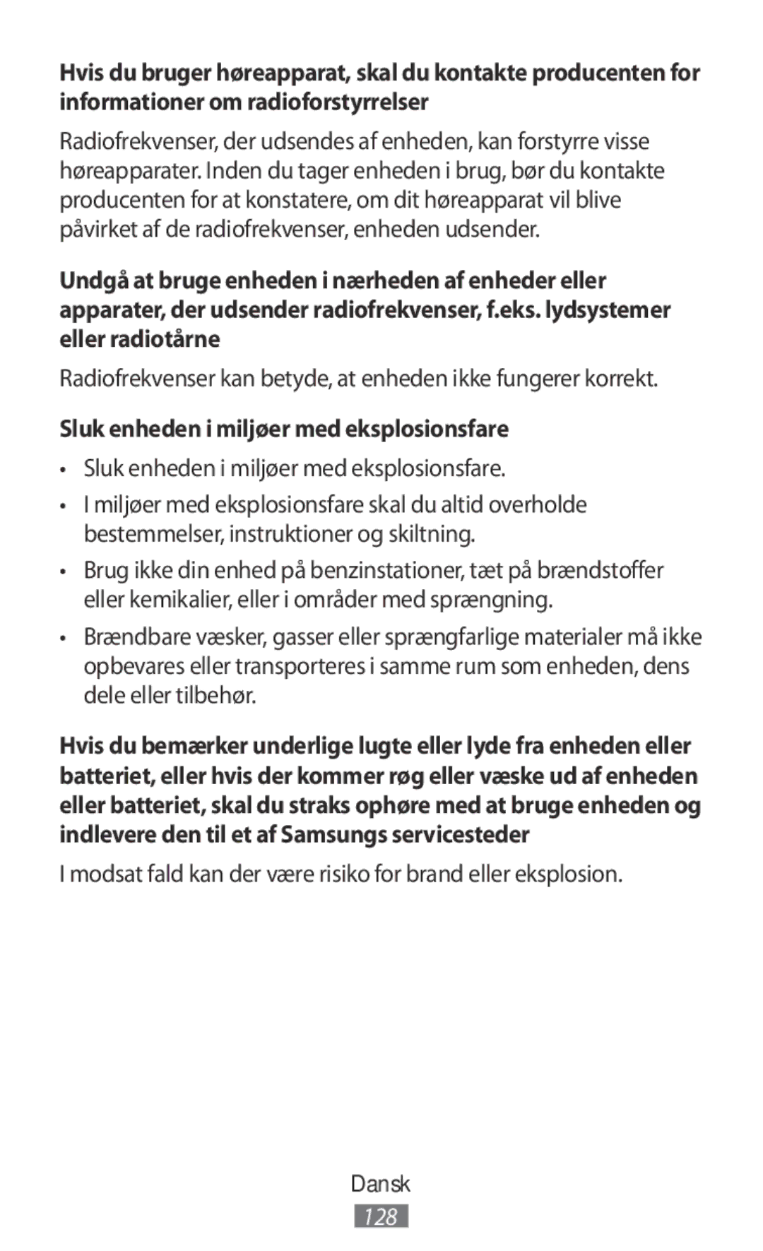 Samsung SM-R140NZKAILO, SM-R140NZKAXJP, SM-R140NZIAXJP, SM-R140NZAAXJP manual Sluk enheden i miljøer med eksplosionsfare 