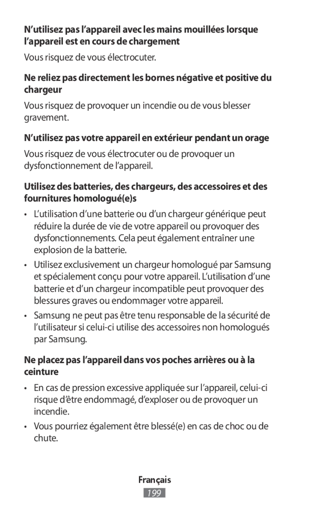 Samsung SM-R140NZKAXJP, SM-R140NZIAXJP, SM-R140NZAAXJP manual ’utilisez pas votre appareil en extérieur pendant un orage 