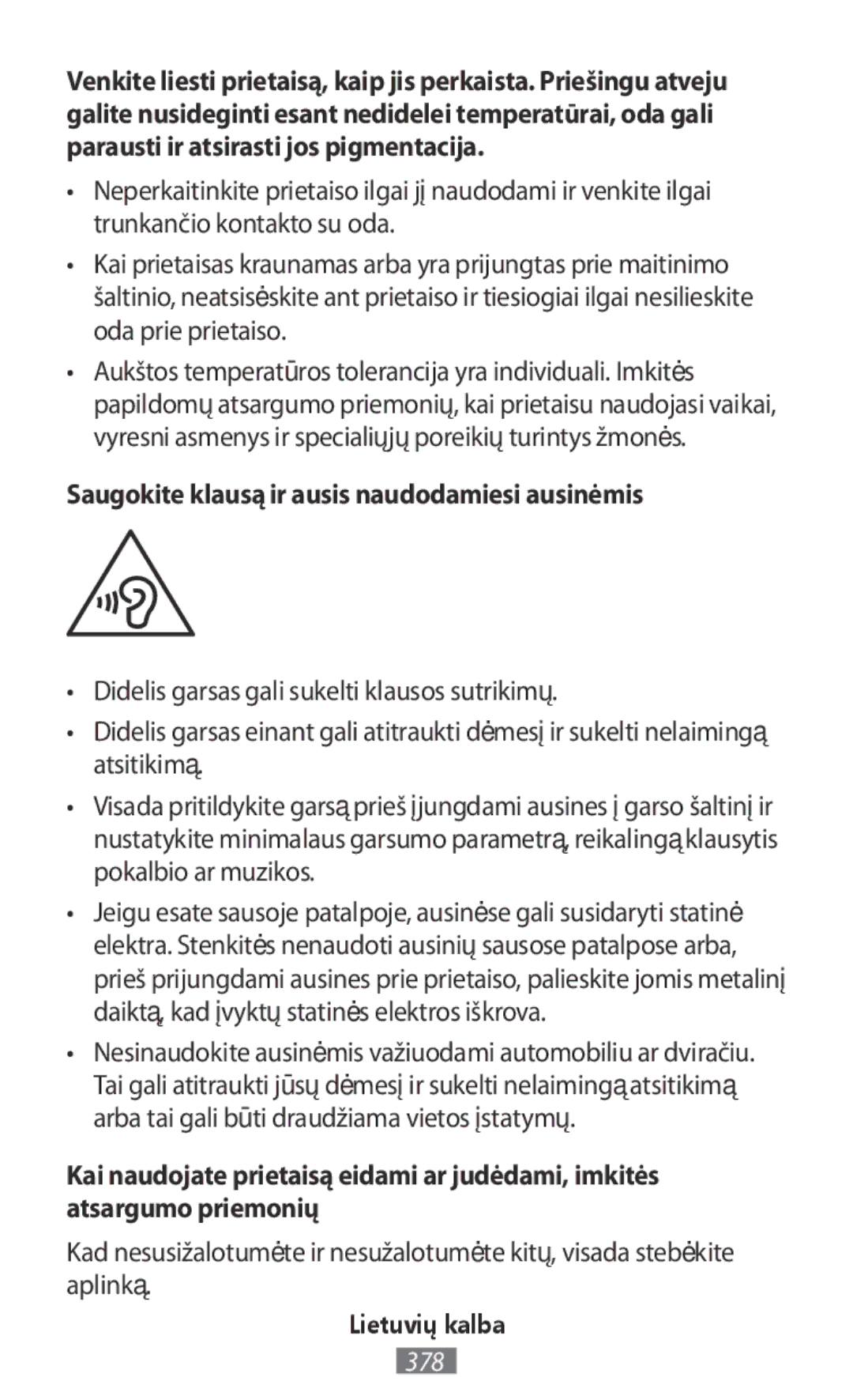 Samsung SM-R140NZKAILO, SM-R140NZKAXJP, SM-R140NZIAXJP, SM-R140NZAAXJP manual Saugokite klausą ir ausis naudodamiesi ausinėmis 