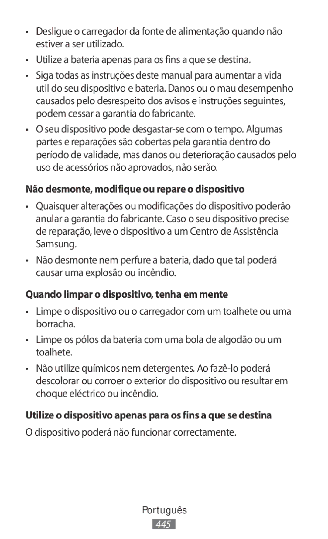 Samsung SM-R140NZIAXJP manual Não desmonte, modifique ou repare o dispositivo, Quando limpar o dispositivo, tenha em mente 