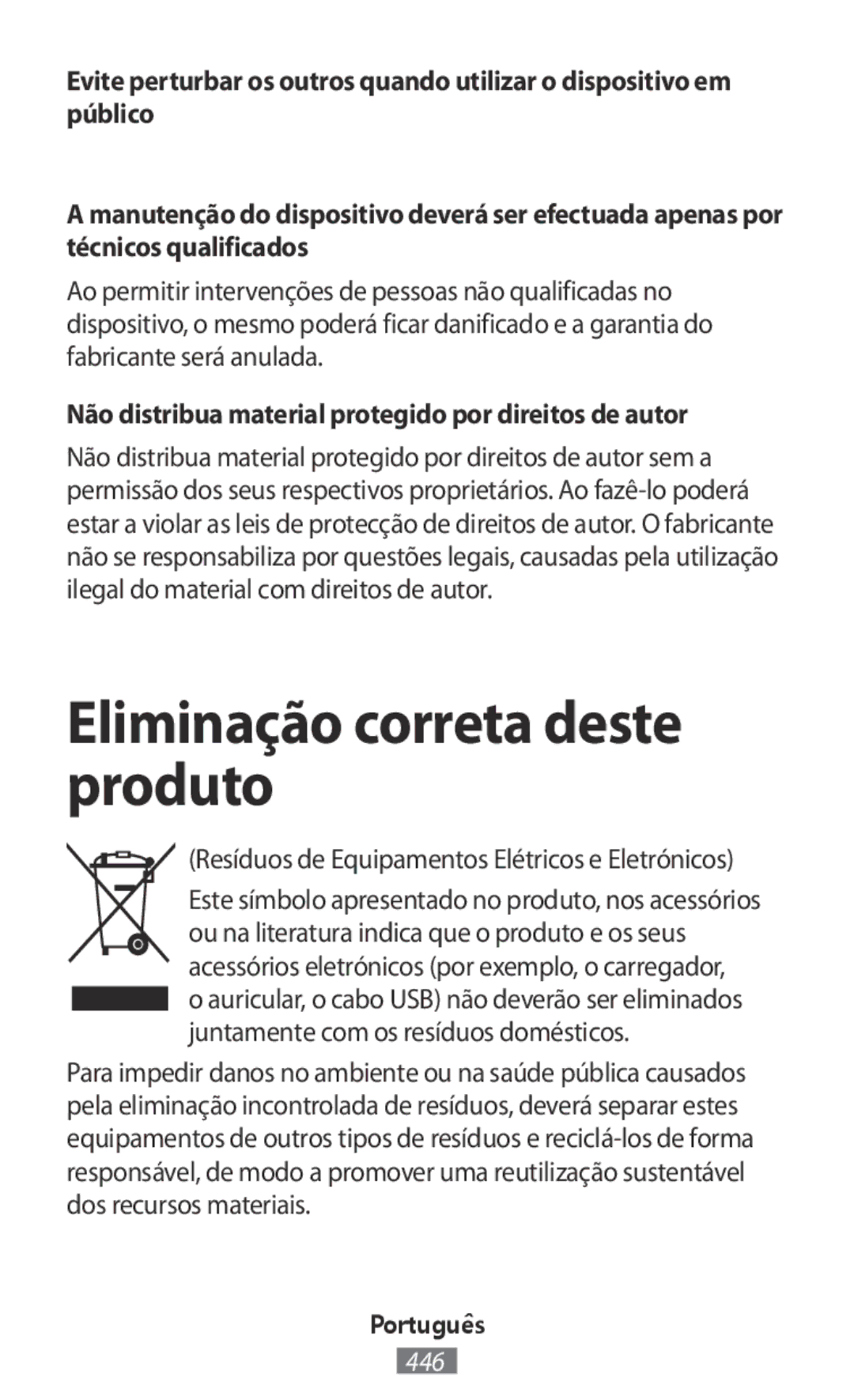 Samsung SM-R140NZAAXJP manual Eliminação correta deste produto, Não distribua material protegido por direitos de autor 