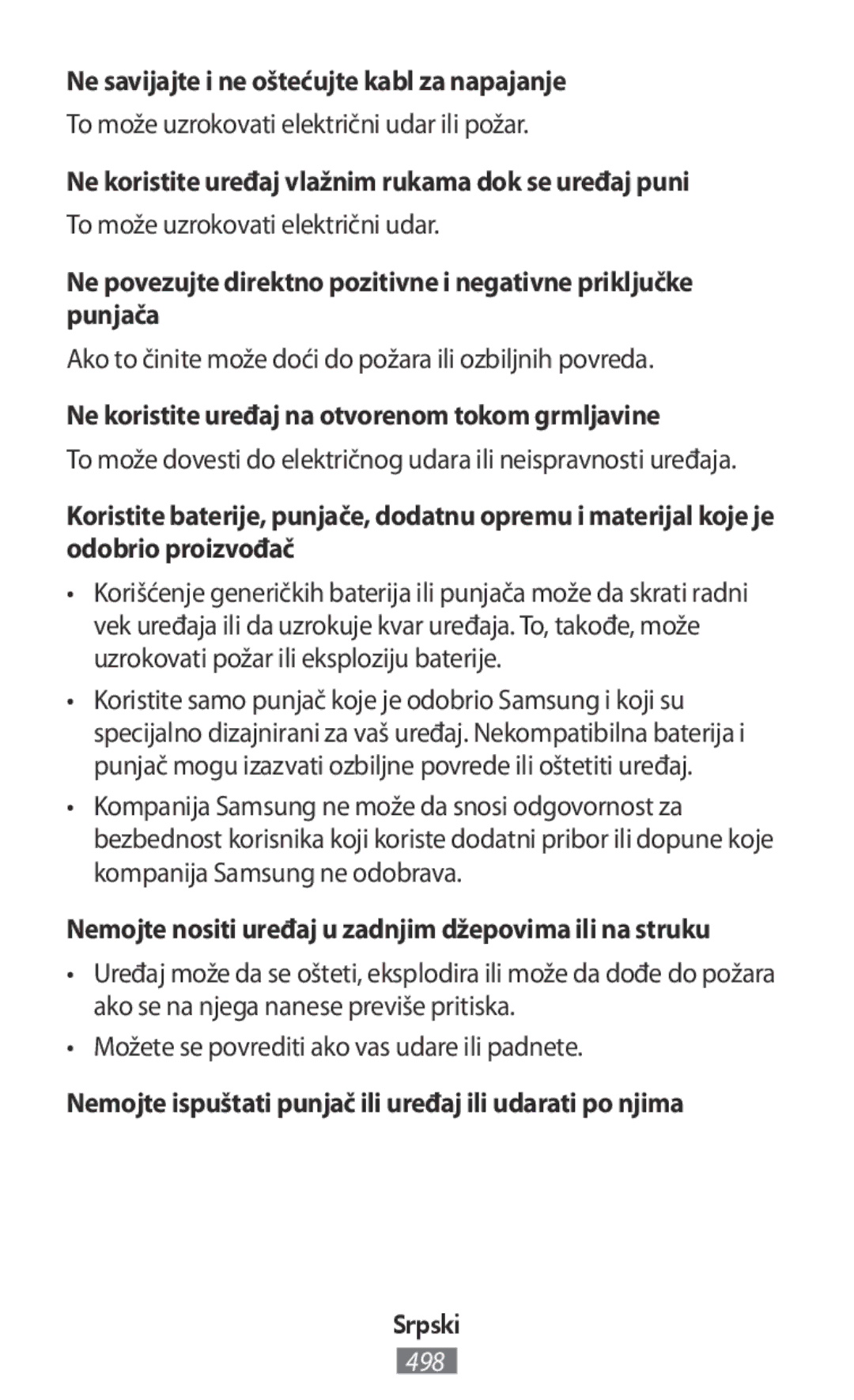 Samsung SM-R140NZKAILO Ne savijajte i ne oštećujte kabl za napajanje, Ne koristite uređaj na otvorenom tokom grmljavine 