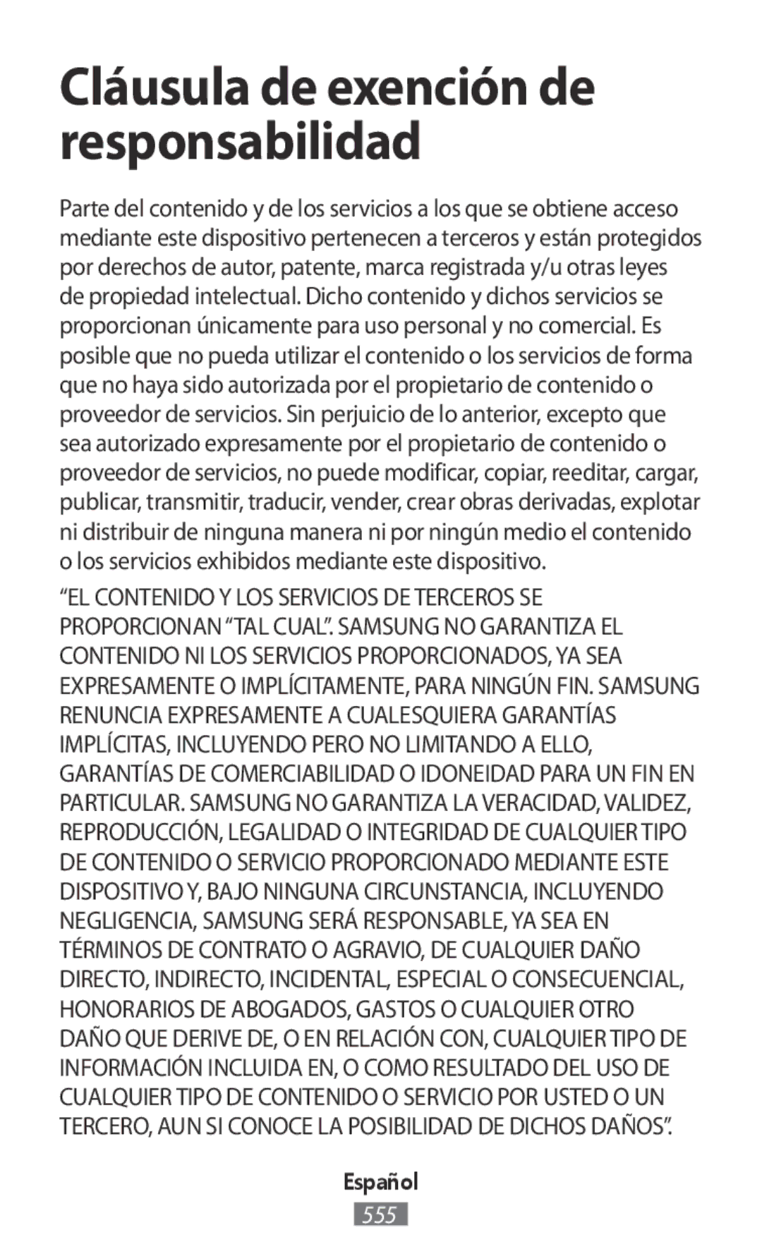 Samsung SM-R140NZIAXJP, SM-R140NZKAXJP, SM-R140NZAAXJP, SM-R140NZAAKSA manual Cláusula de exención de responsabilidad 