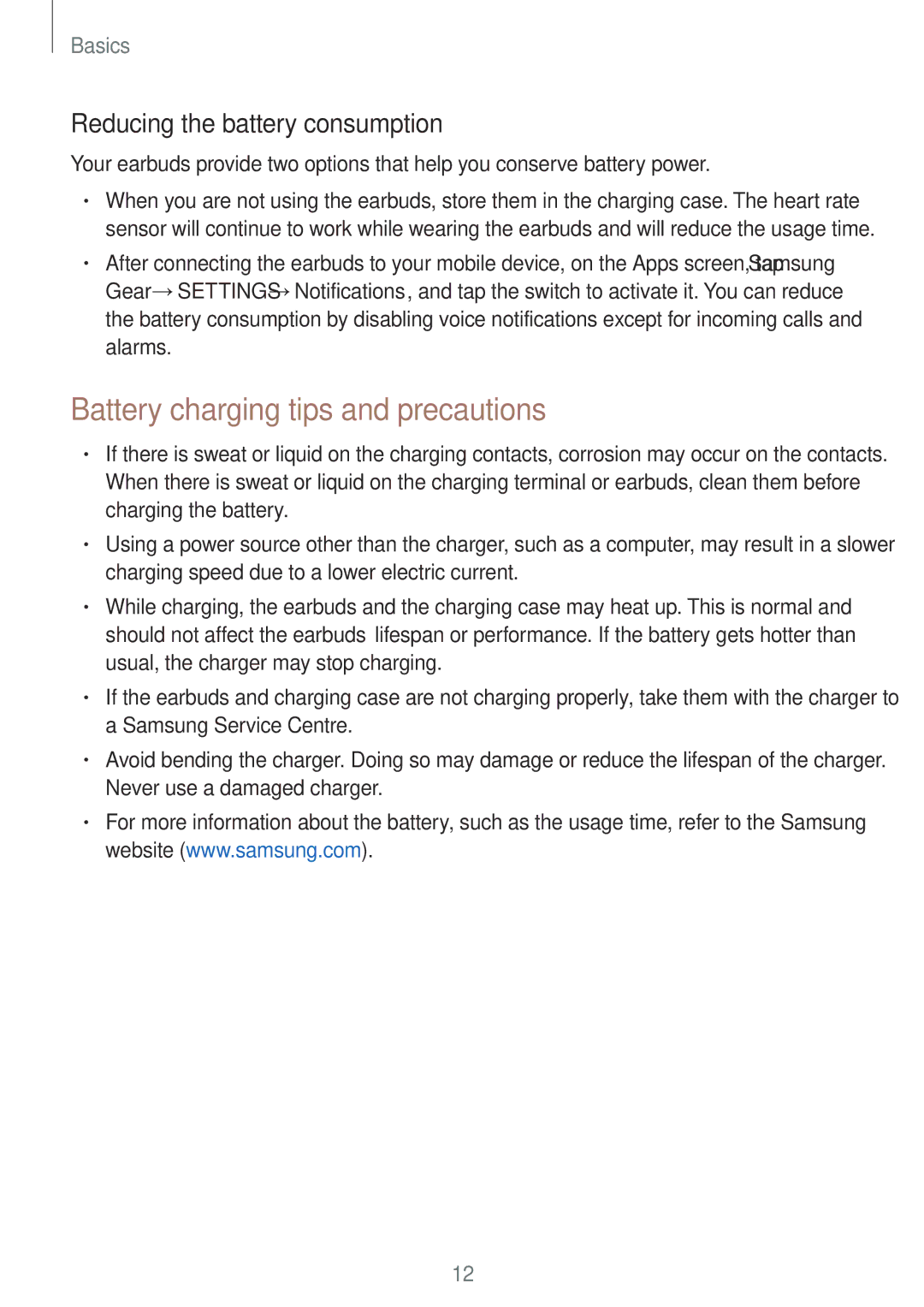 Samsung SM-R150NZKABGL, SM-R150NZBADBT manual Battery charging tips and precautions, Reducing the battery consumption 