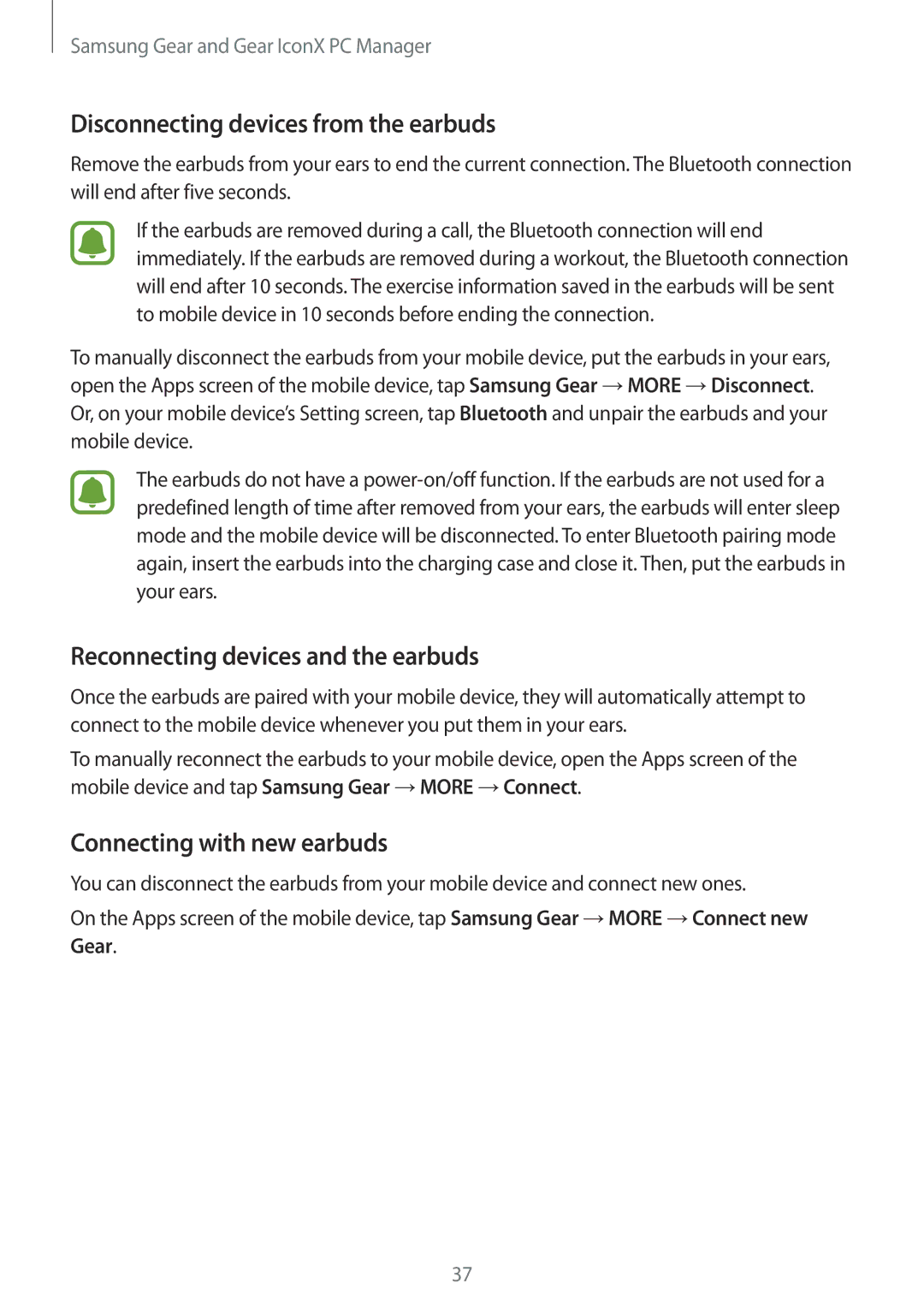 Samsung SM-R150NZWAPHE, SM-R150NZBADBT manual Disconnecting devices from the earbuds, Reconnecting devices and the earbuds 