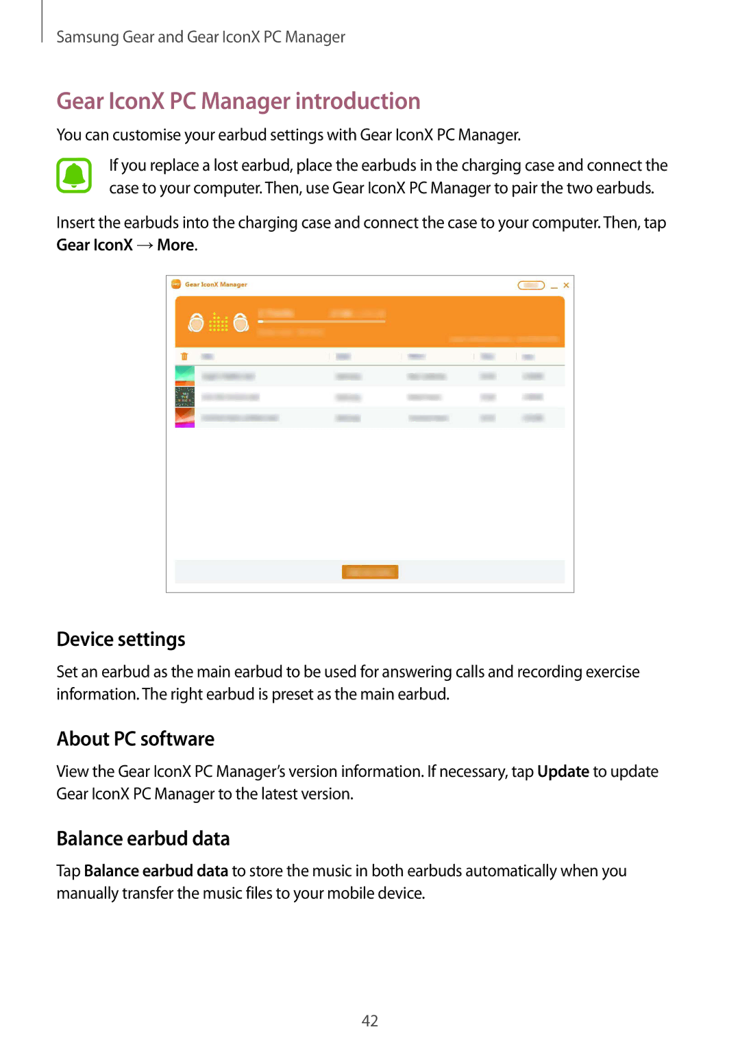 Samsung SM-R150NZWANEE manual Gear IconX PC Manager introduction, Device settings, About PC software, Balance earbud data 