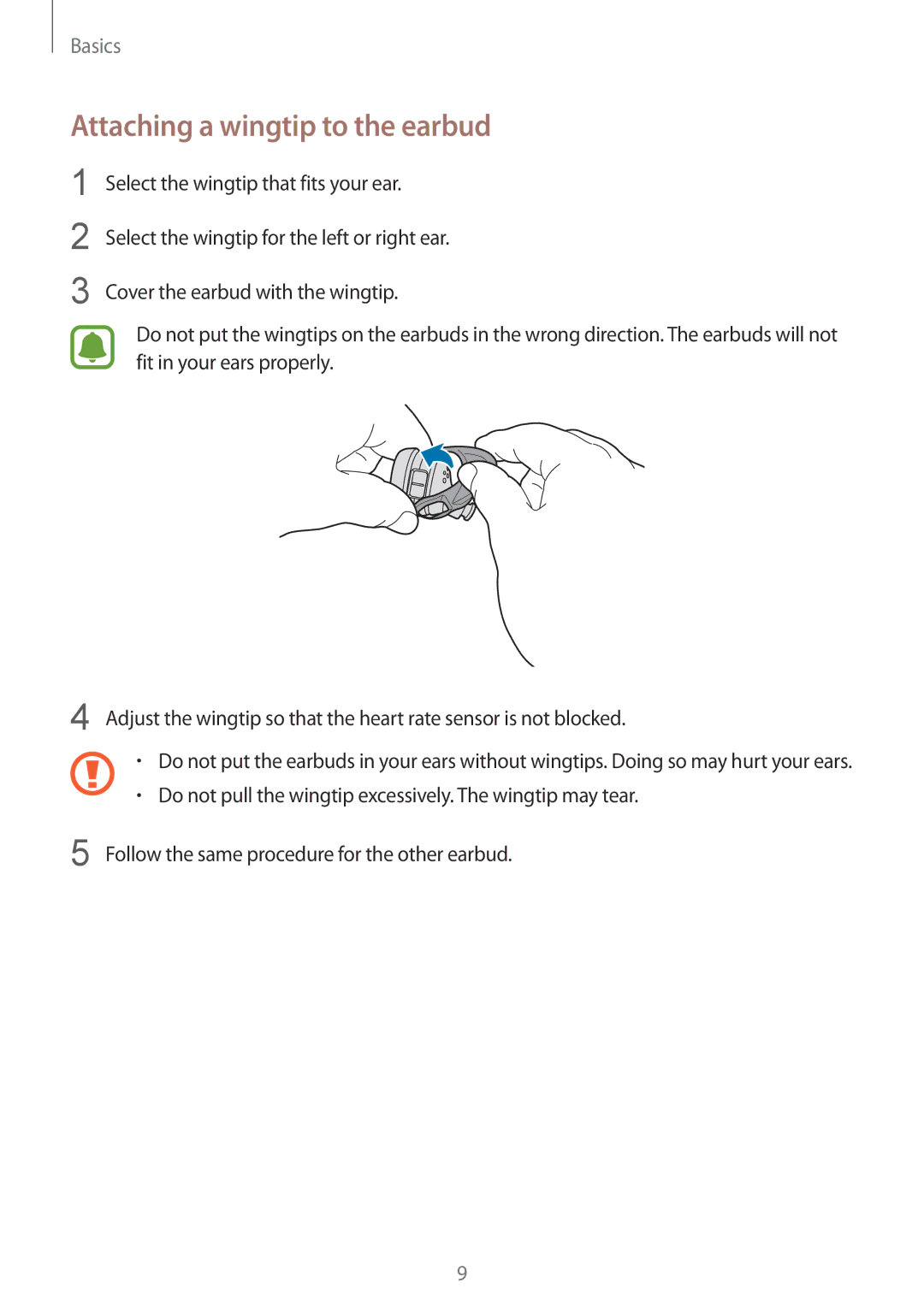 Samsung SM-R150NZKAPHE, SM-R150NZBADBT, SM-R150NZWADBT, SM-R150NZKADBT, SM-R150NZKAXEF manual Attaching a wingtip to the earbud 