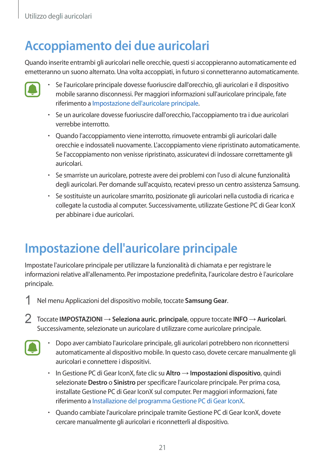 Samsung SM-R150NZBAITV, SM-R150NZWAITV manual Accoppiamento dei due auricolari, Impostazione dellauricolare principale 