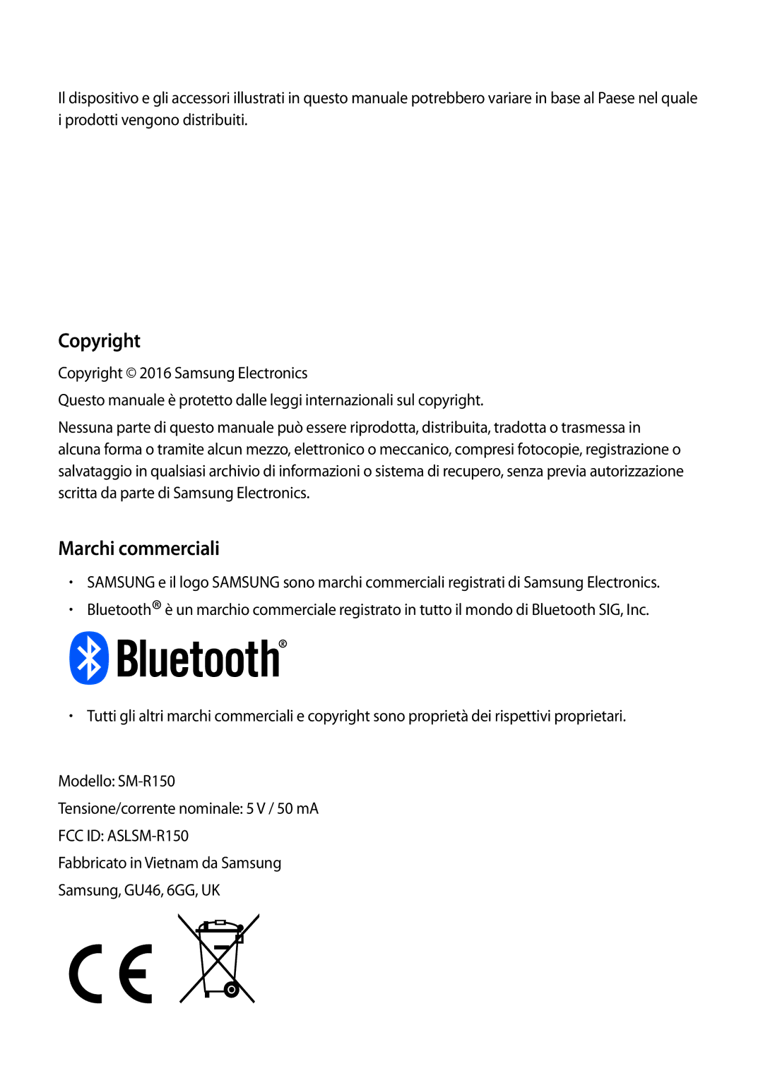 Samsung SM-R150NZBAITV, SM-R150NZWAITV, SM-R150NZKAITV manual Copyright, Marchi commerciali 