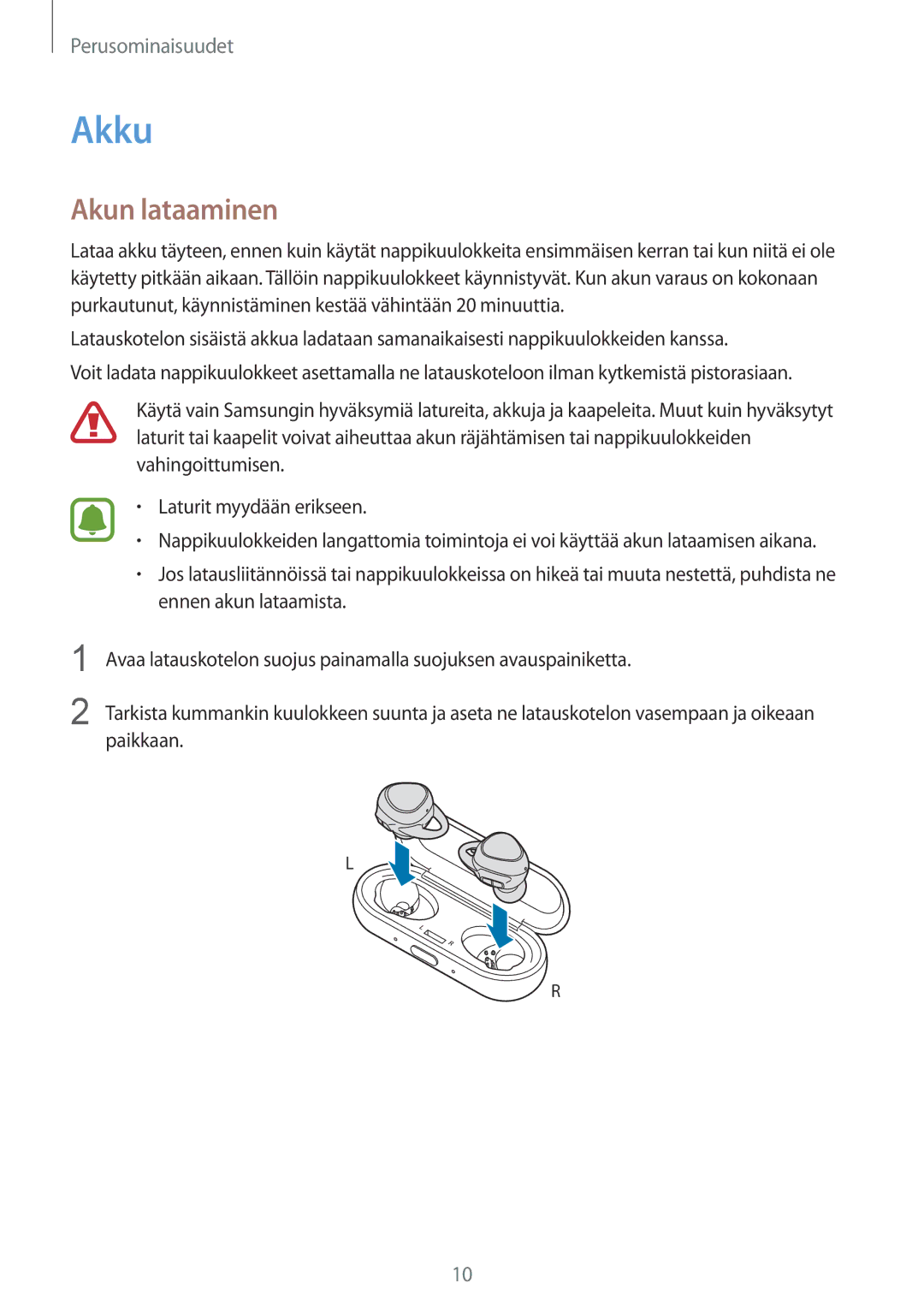 Samsung SM-R150NZWANEE, SM-R150NZBANEE, SM-R150NZKANEE manual Akku, Akun lataaminen 