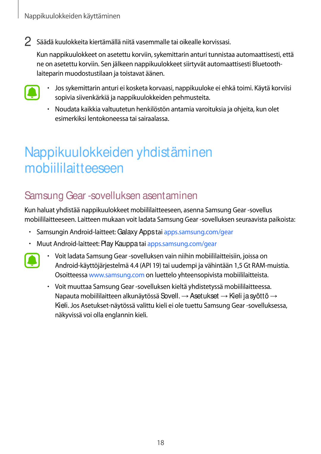 Samsung SM-R150NZBANEE manual Nappikuulokkeiden yhdistäminen mobiililaitteeseen, Samsung Gear -sovelluksen asentaminen 