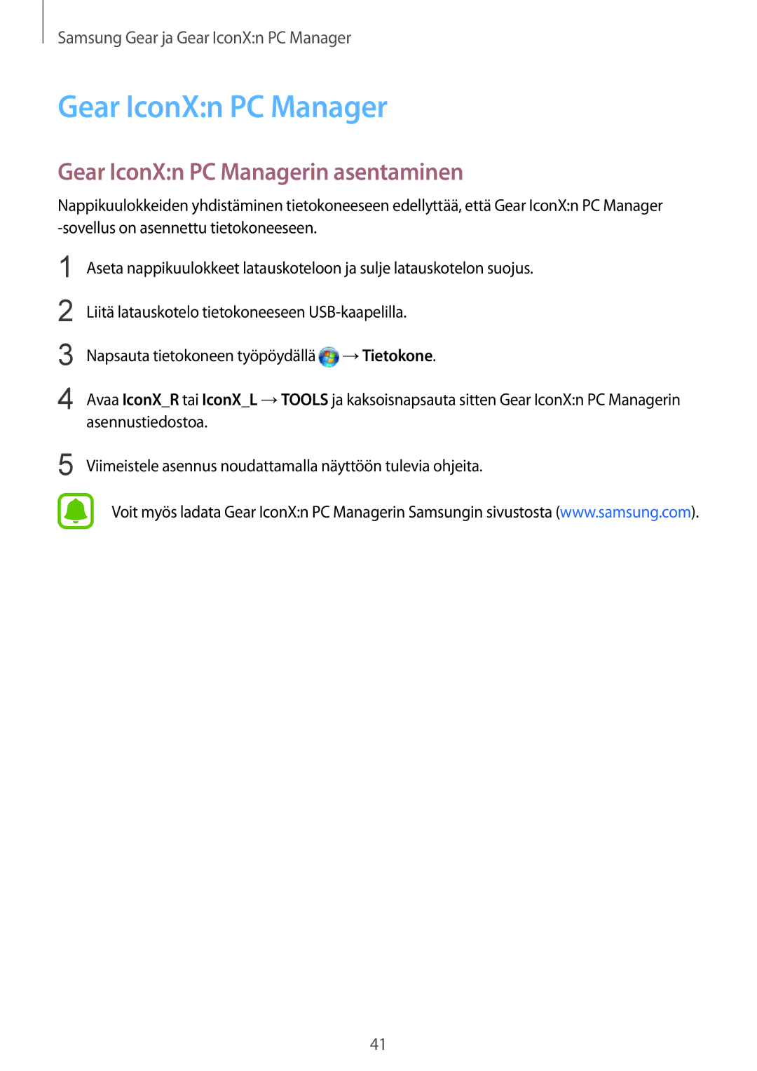 Samsung SM-R150NZKANEE, SM-R150NZBANEE, SM-R150NZWANEE manual Gear IconXn PC Managerin asentaminen 