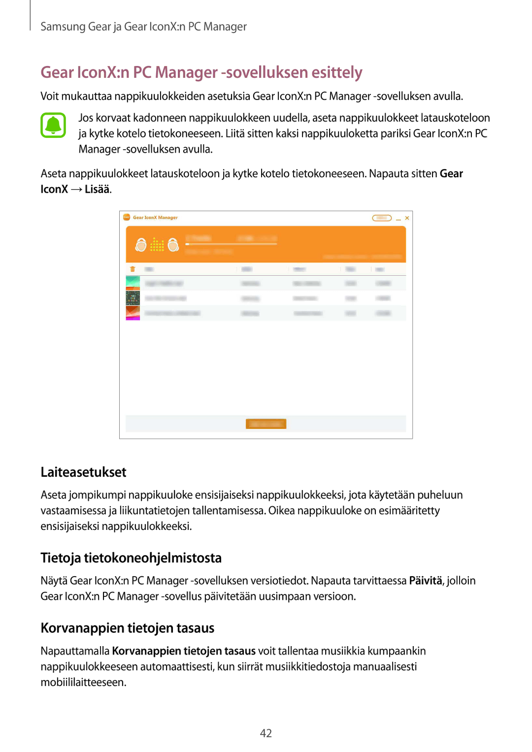 Samsung SM-R150NZBANEE manual Gear IconXn PC Manager -sovelluksen esittely, Laiteasetukset, Tietoja tietokoneohjelmistosta 