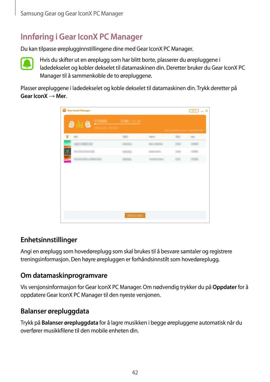 Samsung SM-R150NZBANEE, SM-R150NZWANEE Innføring i Gear IconX PC Manager, Enhetsinnstillinger, Om datamaskinprogramvare 