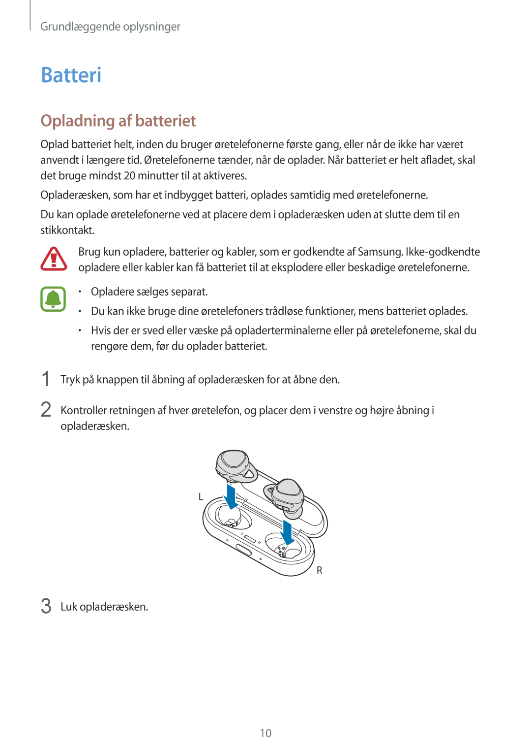 Samsung SM-R150NZWANEE, SM-R150NZBANEE, SM-R150NZKANEE manual Batteri, Opladning af batteriet 