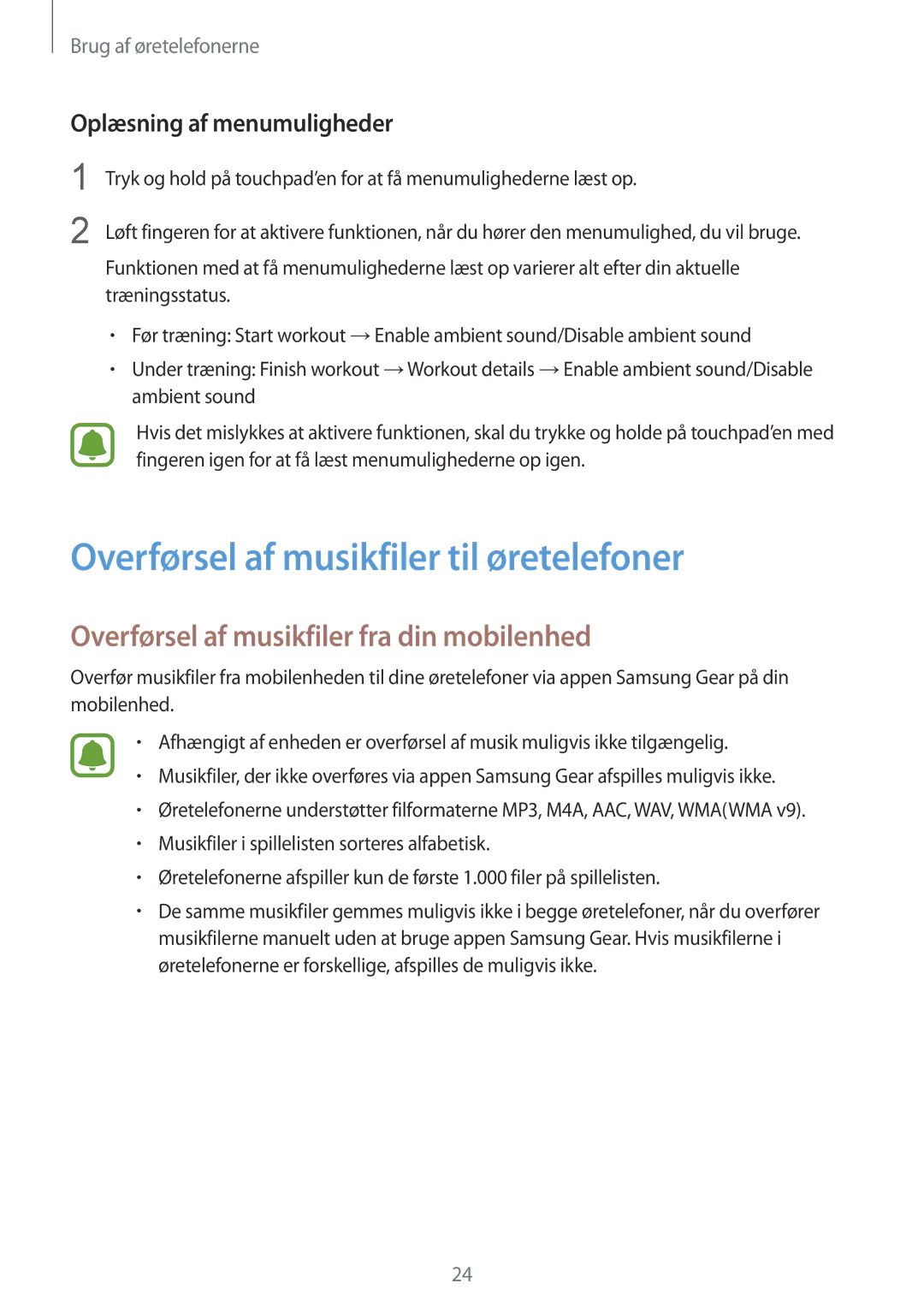 Samsung SM-R150NZBANEE manual Overførsel af musikfiler til øretelefoner, Overførsel af musikfiler fra din mobilenhed 