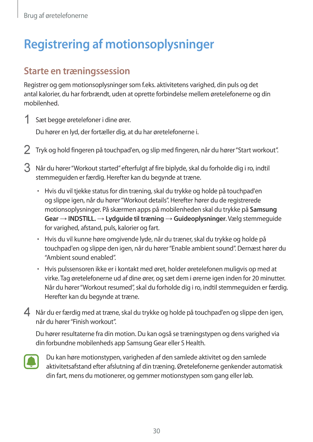 Samsung SM-R150NZBANEE, SM-R150NZWANEE, SM-R150NZKANEE manual Registrering af motionsoplysninger, Starte en træningssession 