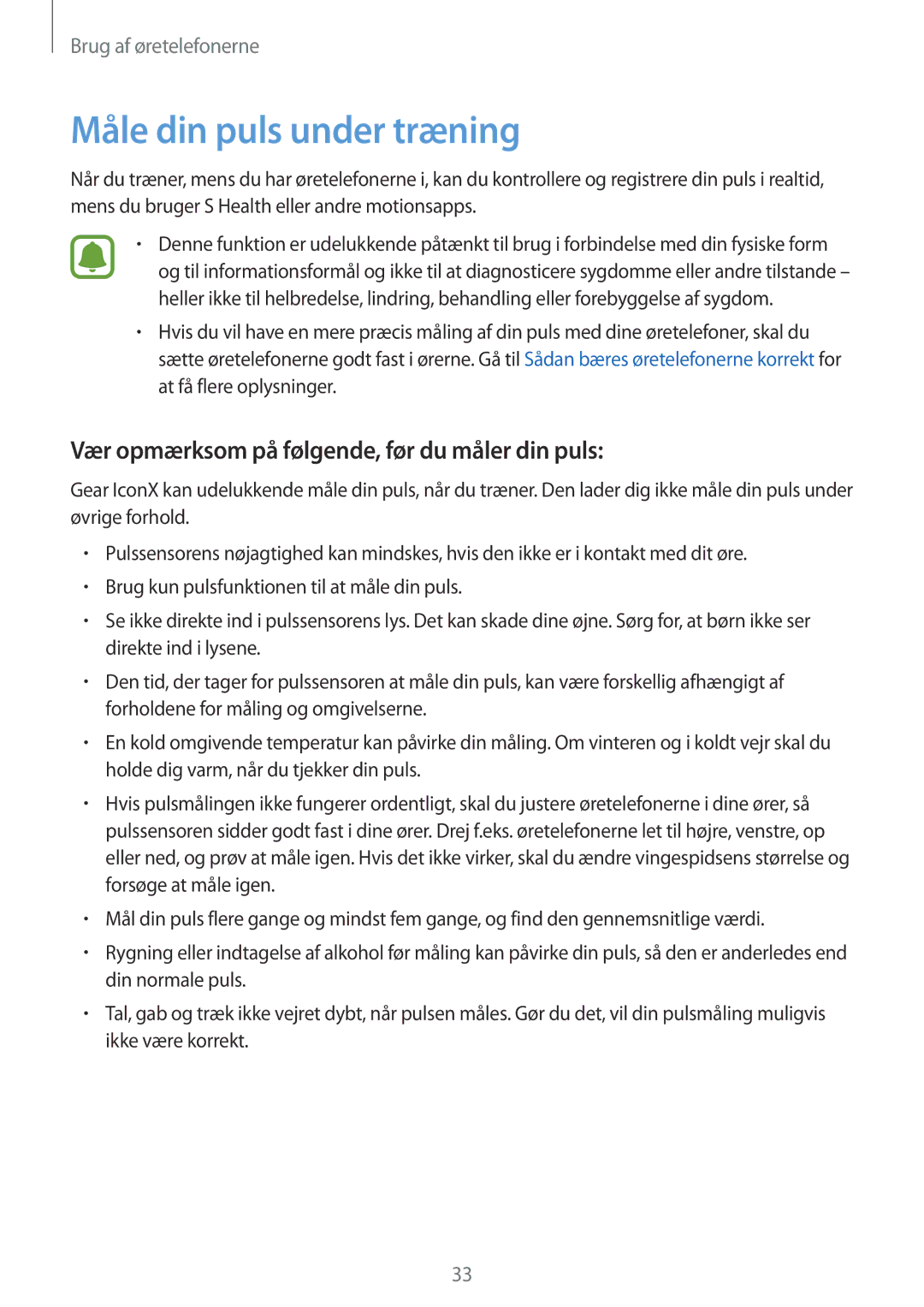 Samsung SM-R150NZBANEE, SM-R150NZWANEE manual Måle din puls under træning, Vær opmærksom på følgende, før du måler din puls 