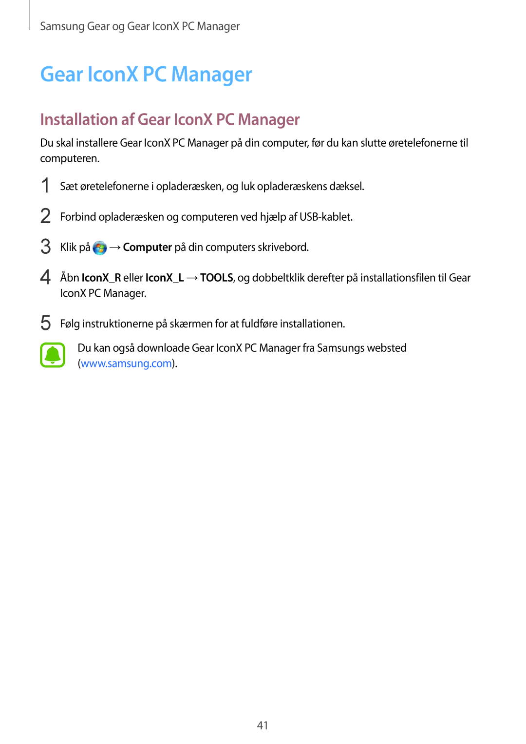 Samsung SM-R150NZKANEE, SM-R150NZBANEE, SM-R150NZWANEE manual Installation af Gear IconX PC Manager 