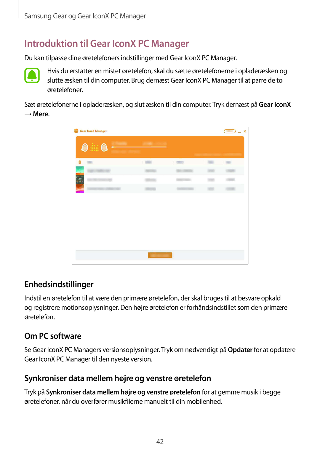 Samsung SM-R150NZBANEE, SM-R150NZWANEE manual Introduktion til Gear IconX PC Manager, Enhedsindstillinger, Om PC software 