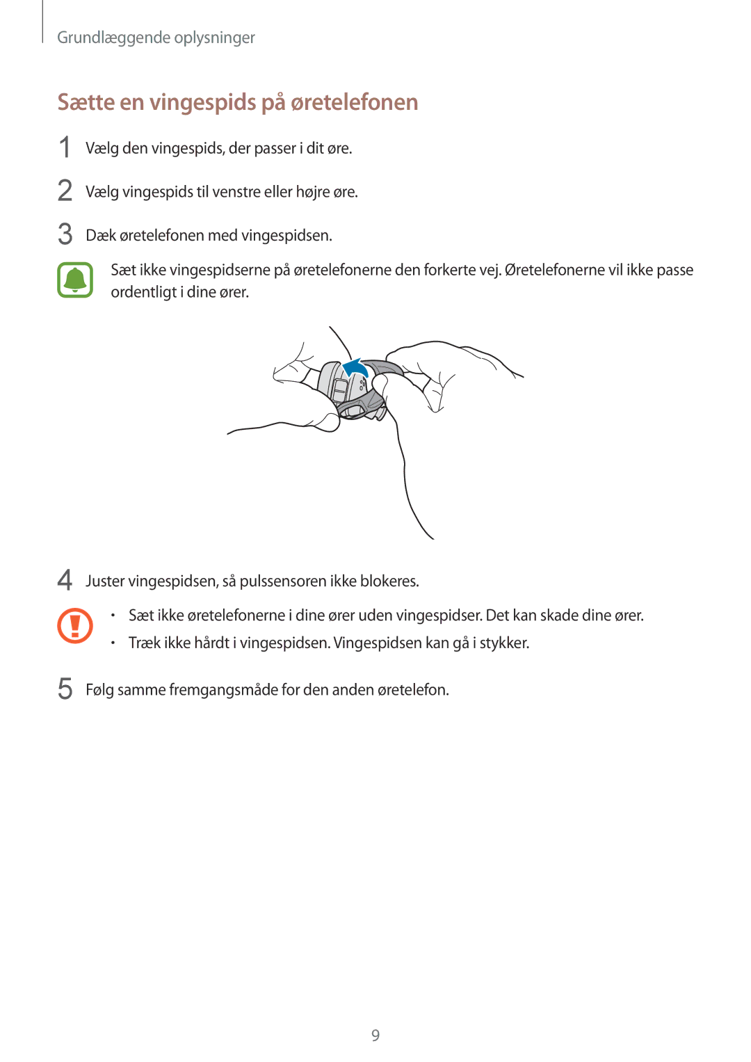 Samsung SM-R150NZBANEE, SM-R150NZWANEE, SM-R150NZKANEE manual Sætte en vingespids på øretelefonen 