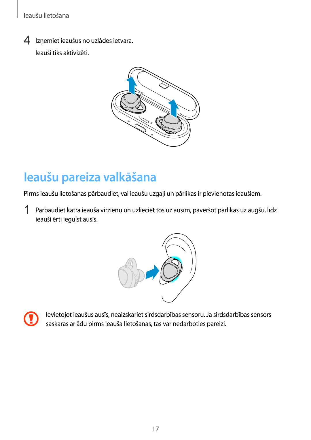 Samsung SM-R150NZWASEB, SM-R150NZKASEB, SM-R150NZBASEB manual Ieaušu pareiza valkāšana 