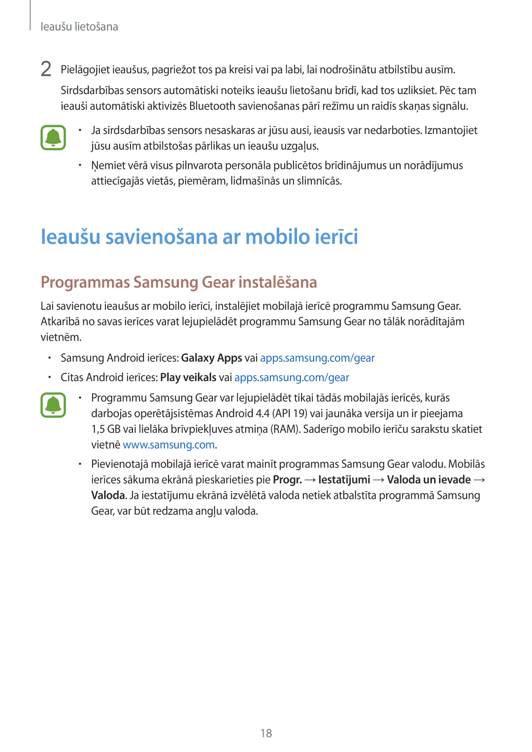 Samsung SM-R150NZKASEB, SM-R150NZBASEB manual Ieaušu savienošana ar mobilo ierīci, Programmas Samsung Gear instalēšana 