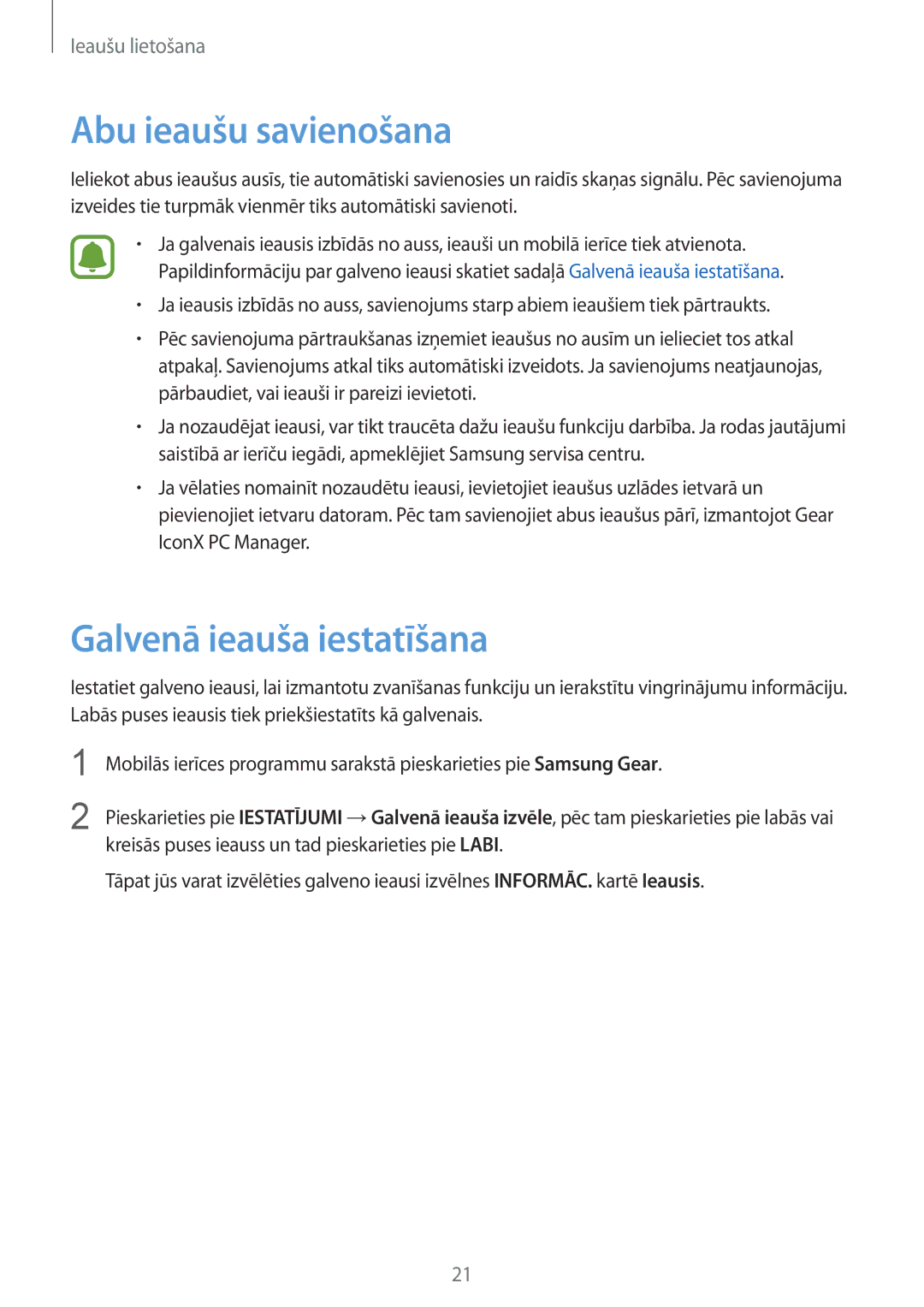 Samsung SM-R150NZKASEB, SM-R150NZBASEB, SM-R150NZWASEB manual Abu ieaušu savienošana, Galvenā ieauša iestatīšana 