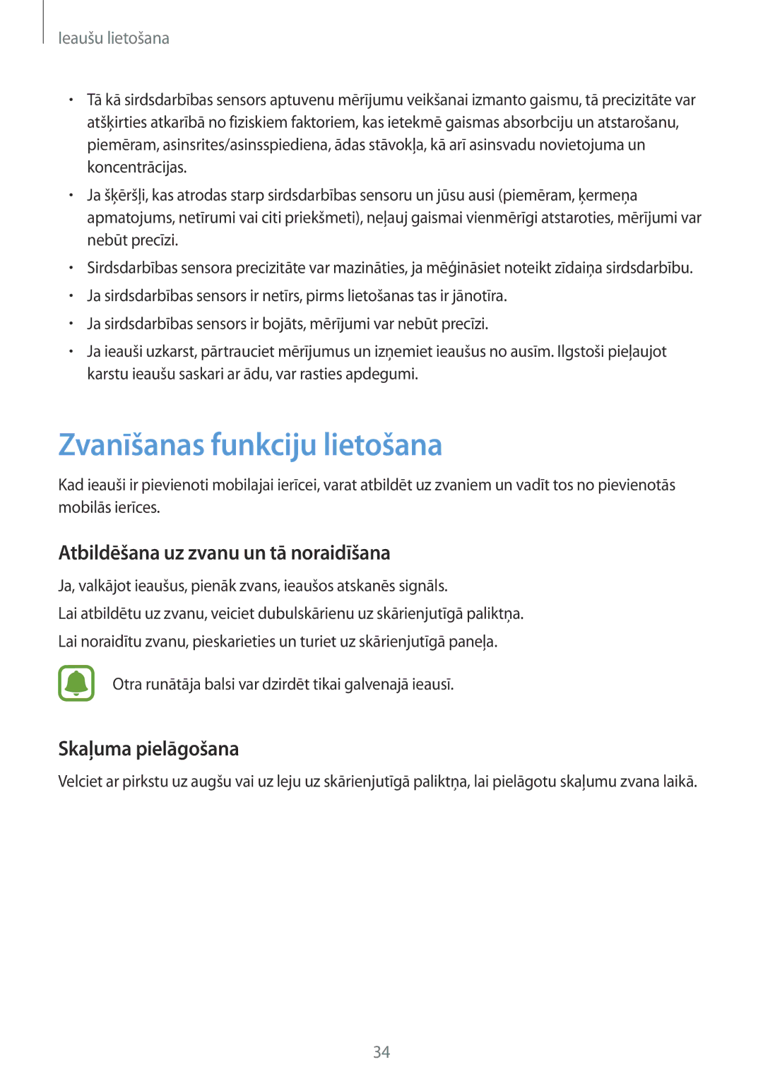 Samsung SM-R150NZBASEB, SM-R150NZKASEB manual Zvanīšanas funkciju lietošana, Atbildēšana uz zvanu un tā noraidīšana 